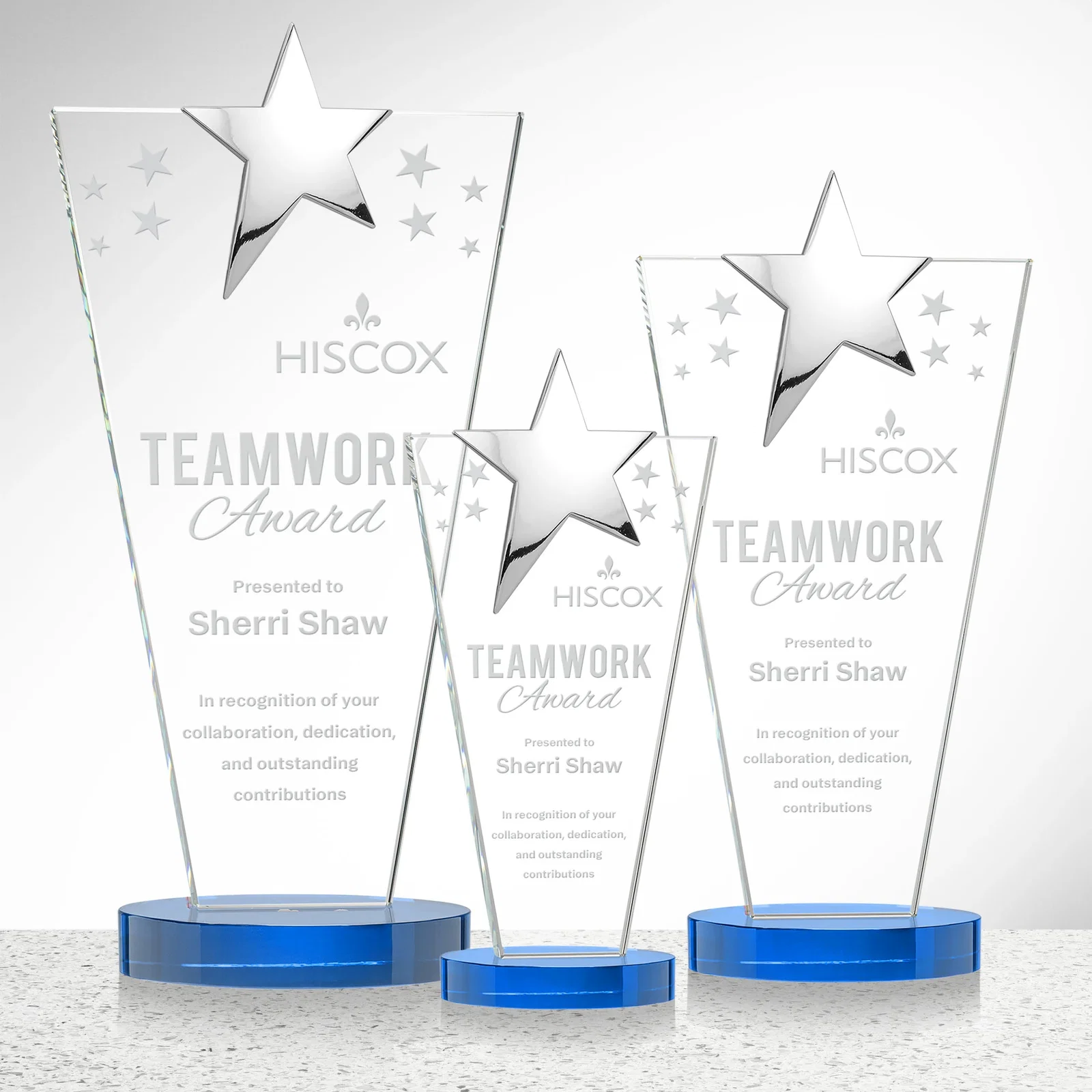 Promotional Starfire Crystal Award with Chrome or Gold Star on Oval Base for employee recognition