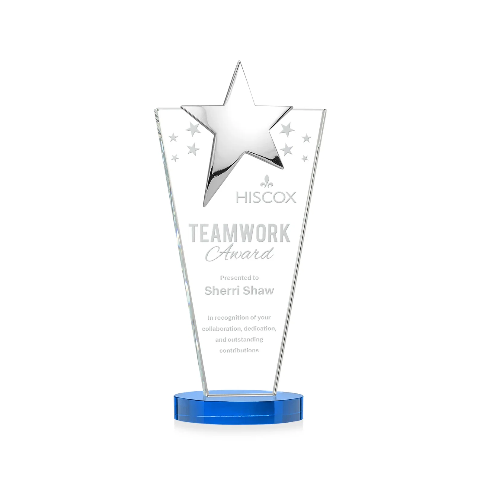 Promotional Starfire Crystal Award with Chrome or Gold Star on Oval Base for corporate award ceremonies