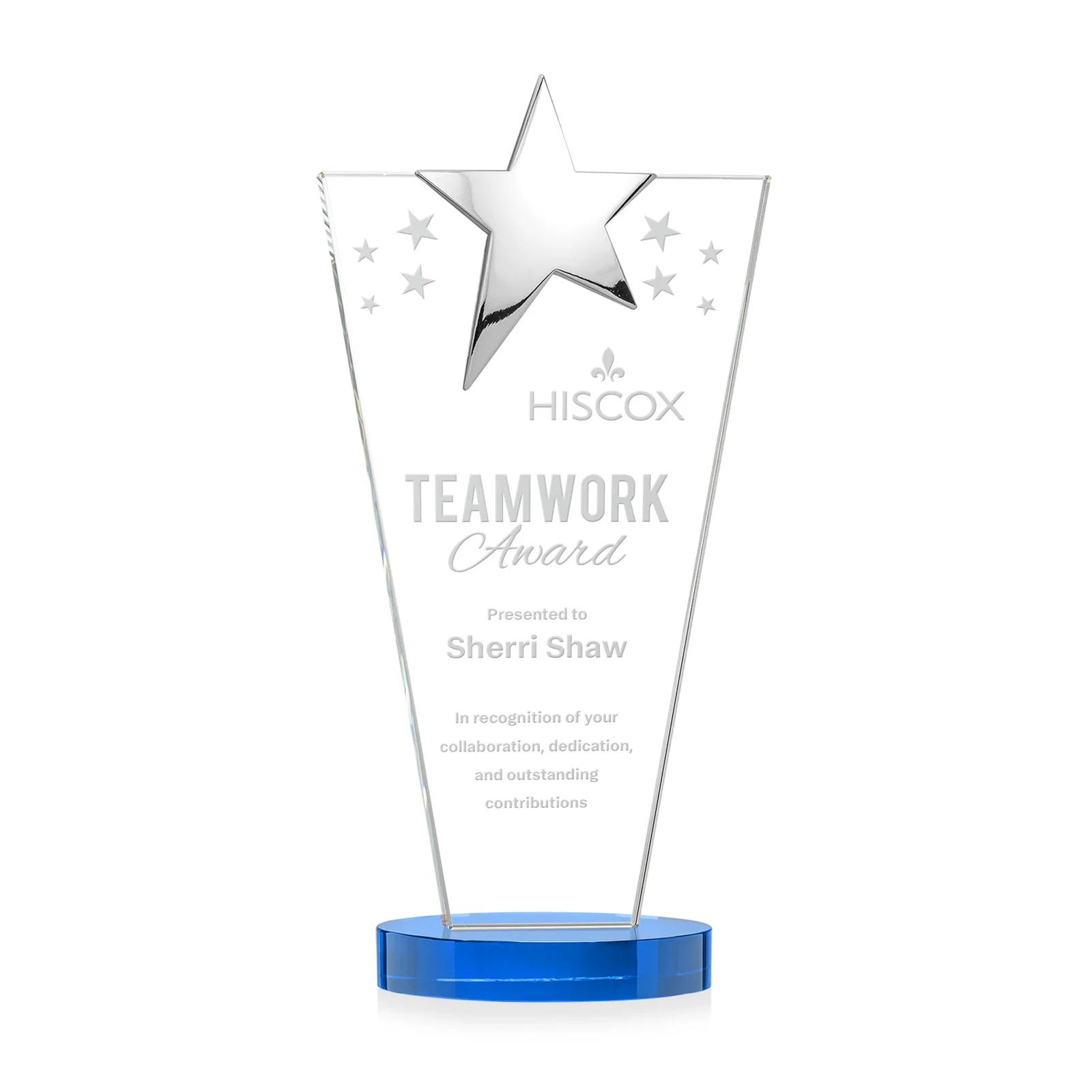 Promotional Starfire Crystal Award with Chrome or Gold Star on Oval Base for service anniversary gifts