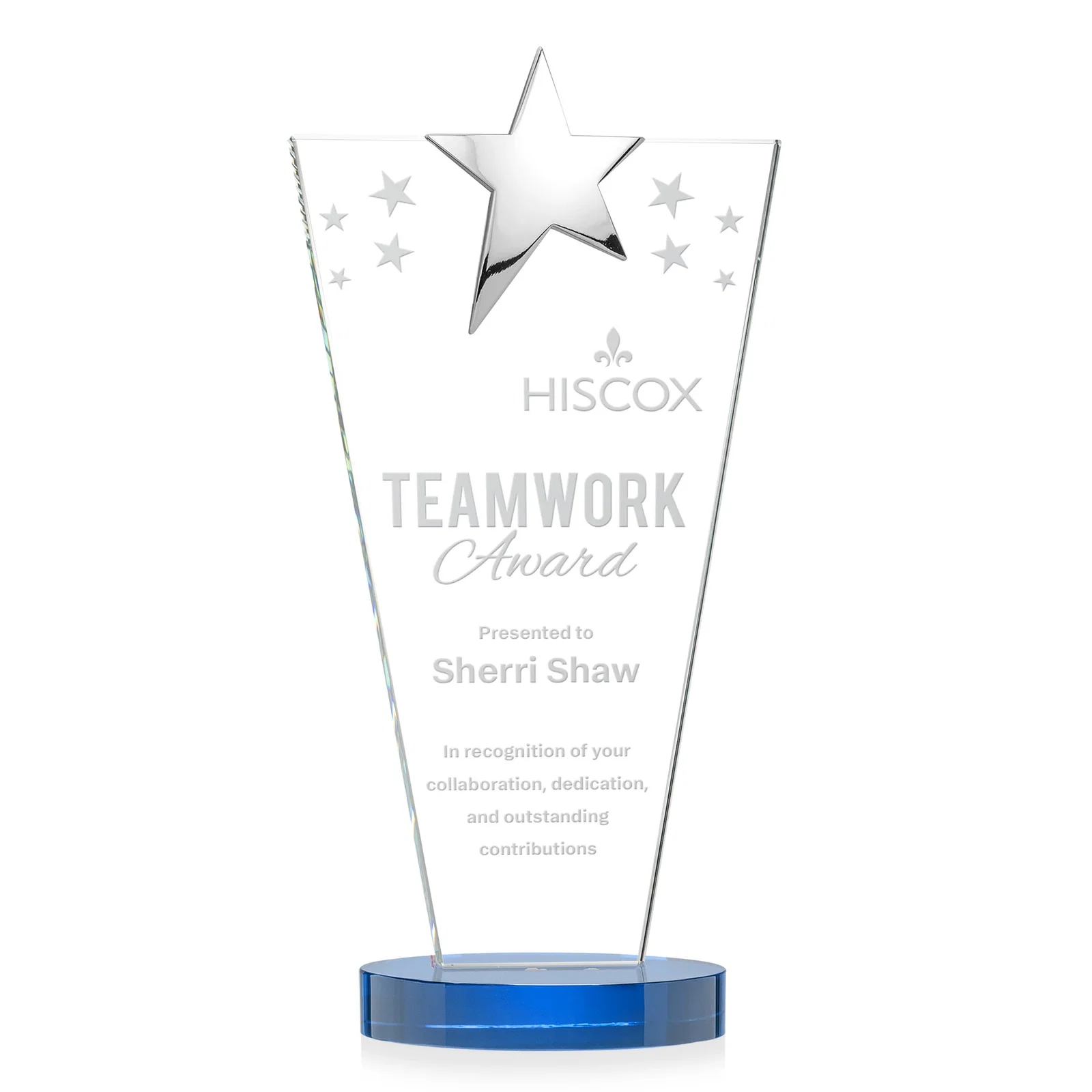 Promotional Starfire Crystal Award with Chrome or Gold Star on Oval Base for sales achievement awards