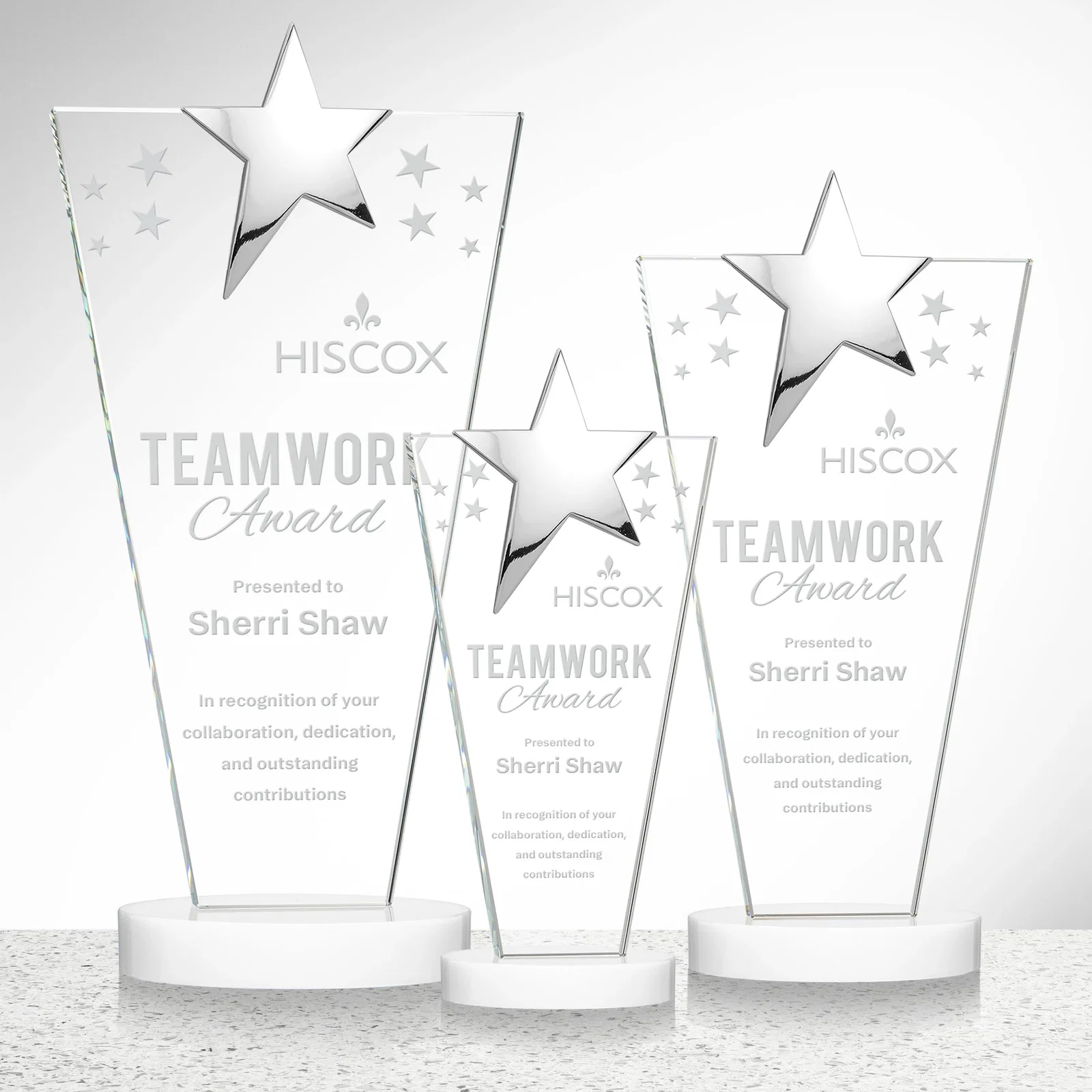 Promotional Starfire Crystal Award with Chrome or Gold Star on Oval Base for retirement presentations