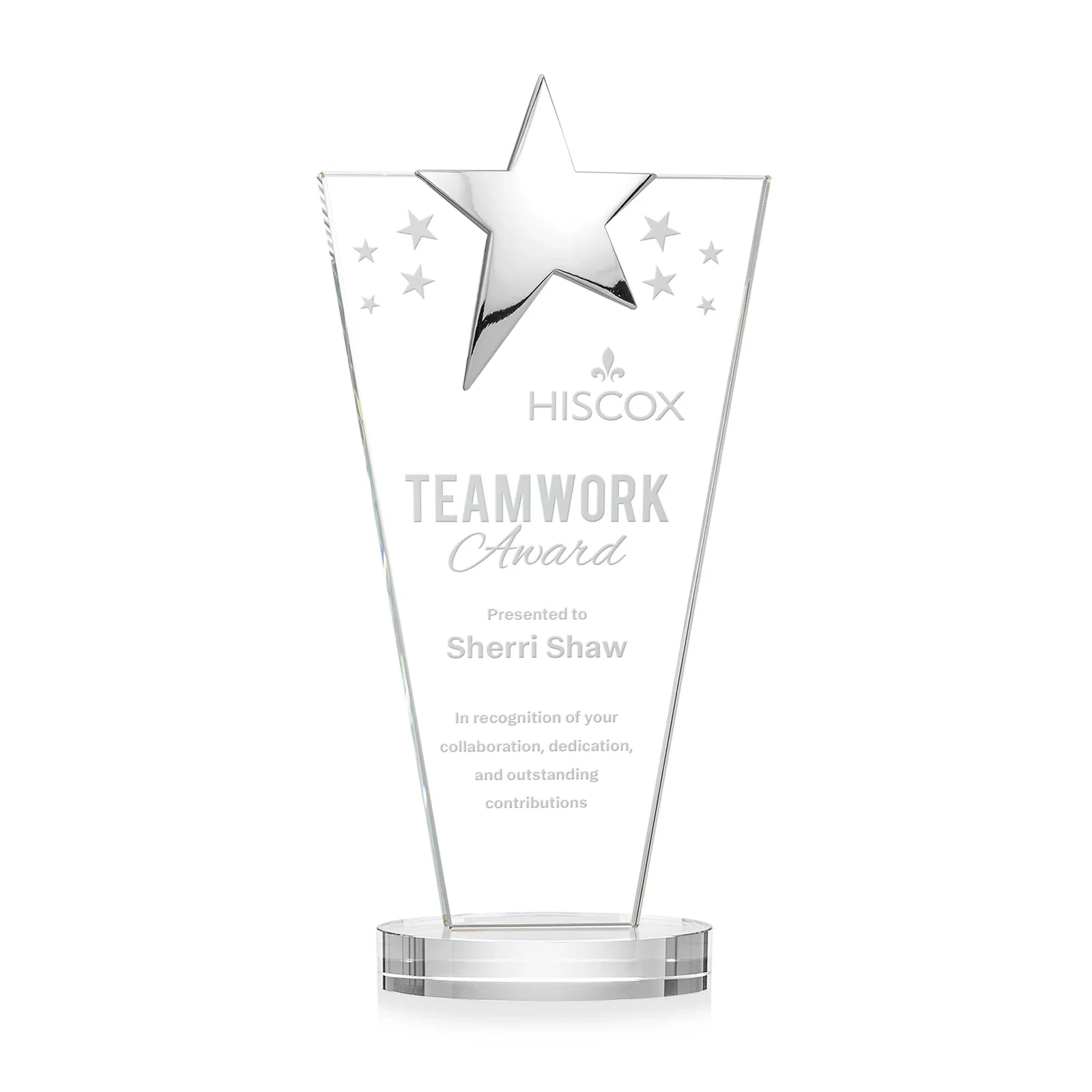 Custom Starfire Crystal Award with Chrome or Gold Star on Oval Base for service anniversary gifts