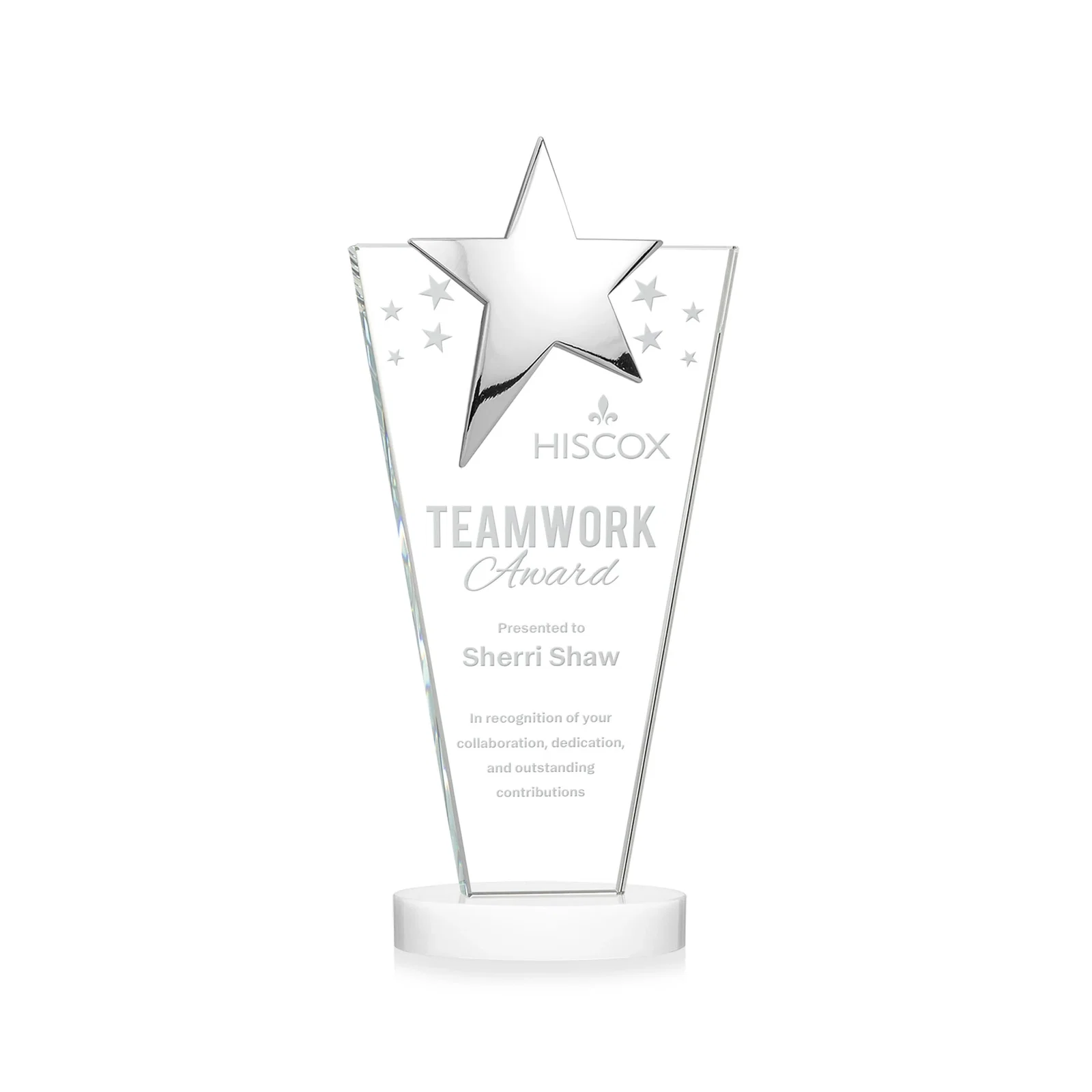 Promotional Starfire Crystal Award with Chrome or Gold Star on Oval Base for team milestone celebrations