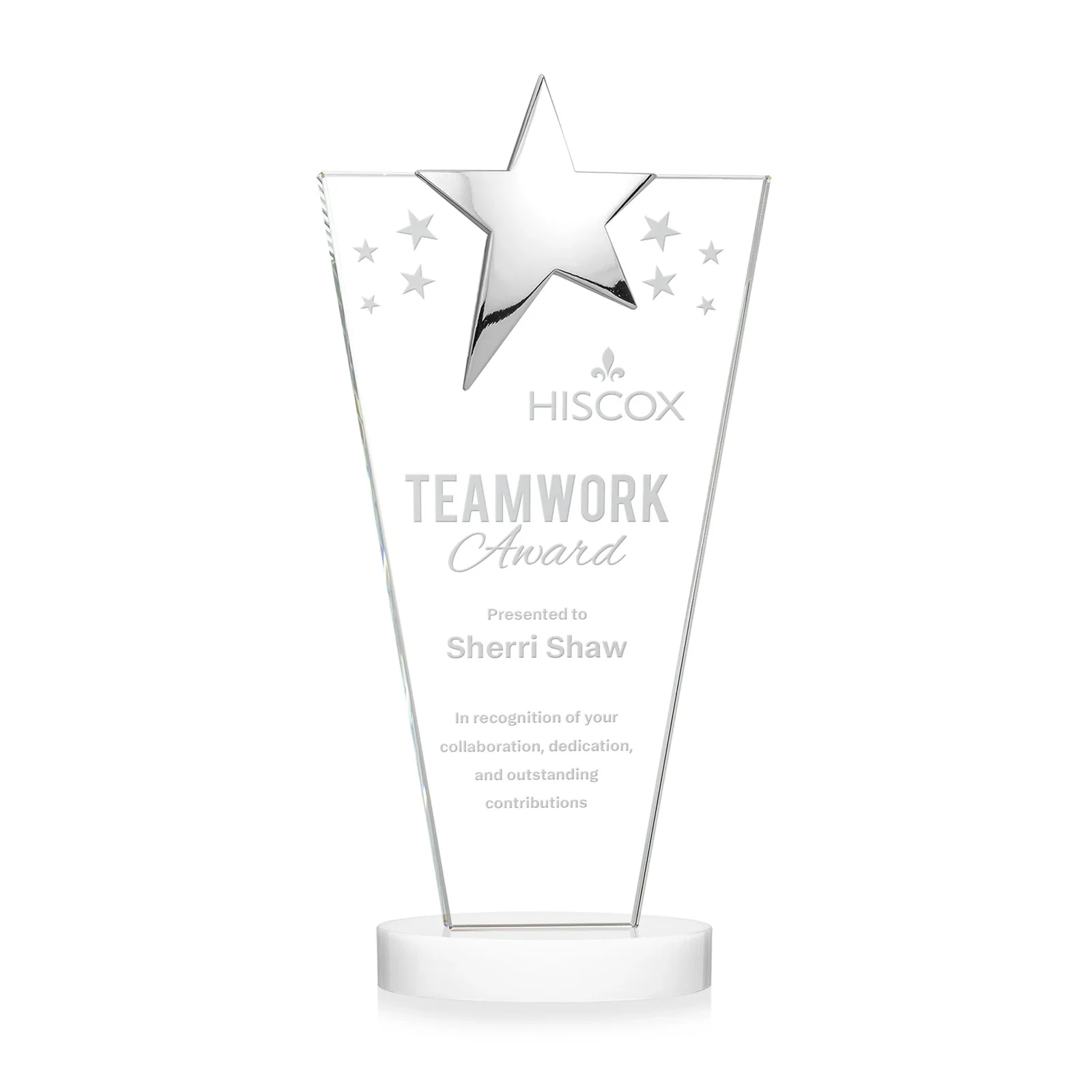 Promotional Starfire Crystal Award with Chrome or Gold Star on Oval Base for donor appreciation