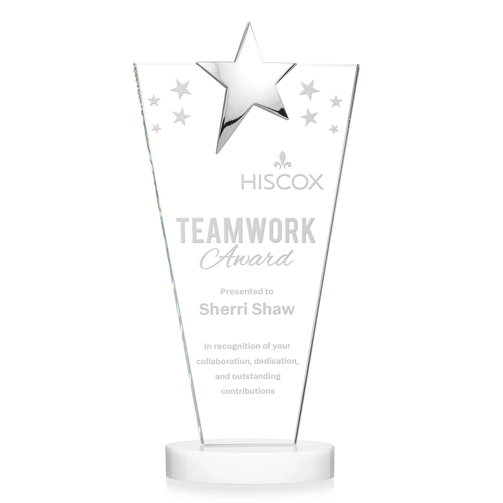 Promotional Starfire Crystal Award with Chrome or Gold Star on Oval Base for graduation ceremonies