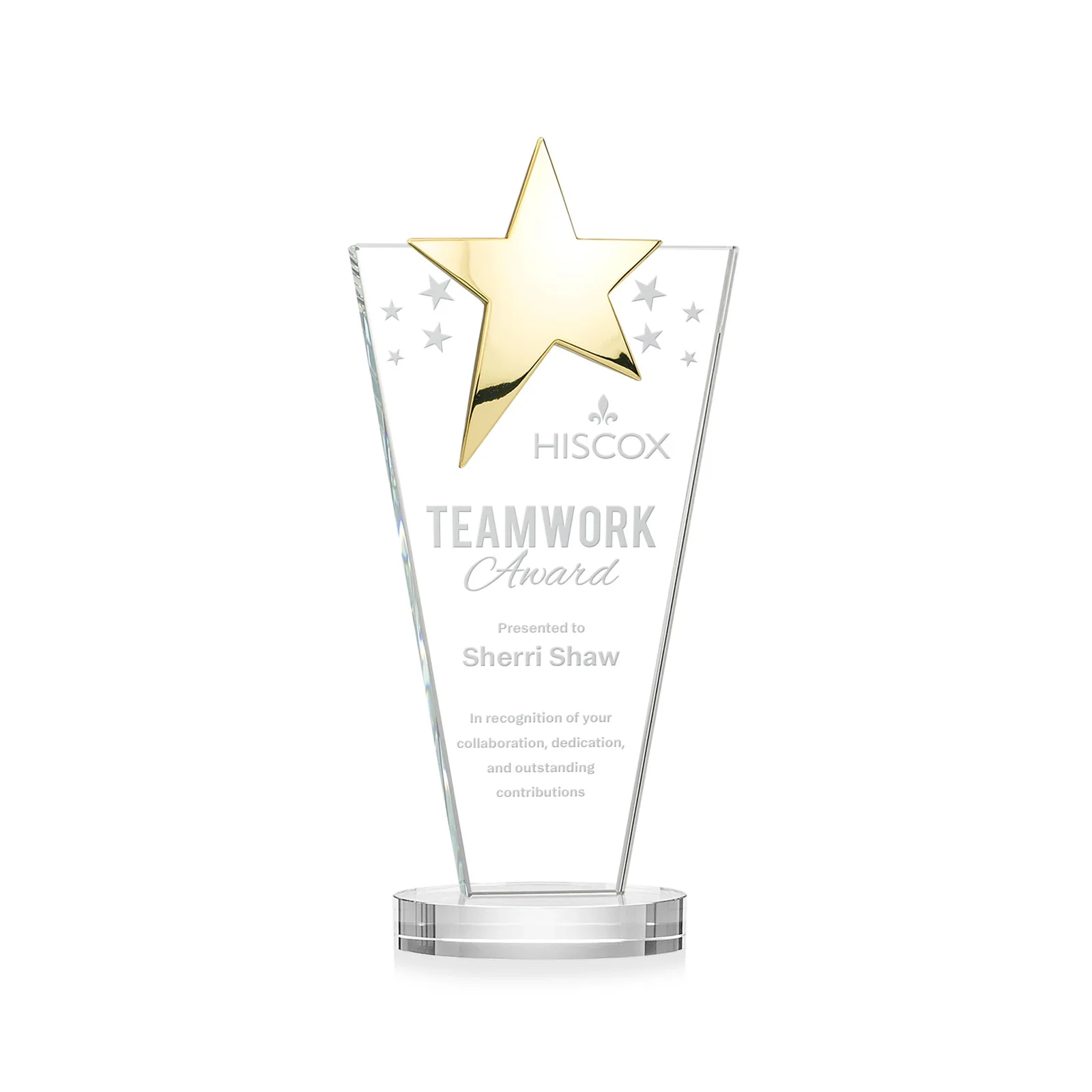 Promotional Starfire Crystal Award with Chrome or Gold Star on Oval Base for volunteer appreciation