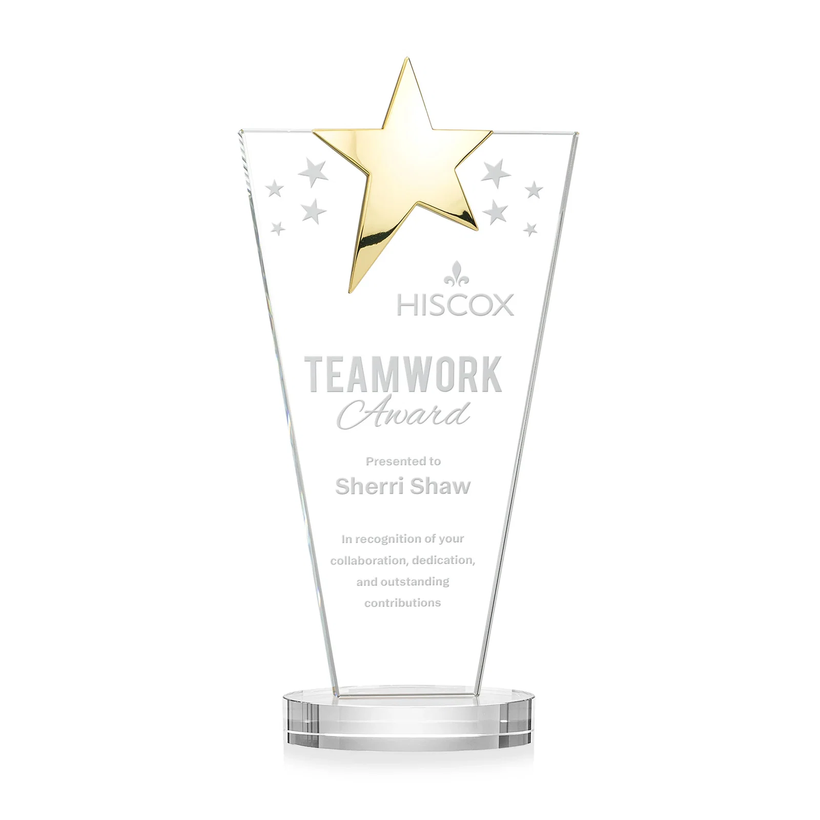 Promotional Starfire Crystal Award with Chrome or Gold Star on Oval Base for dealer and partner awards