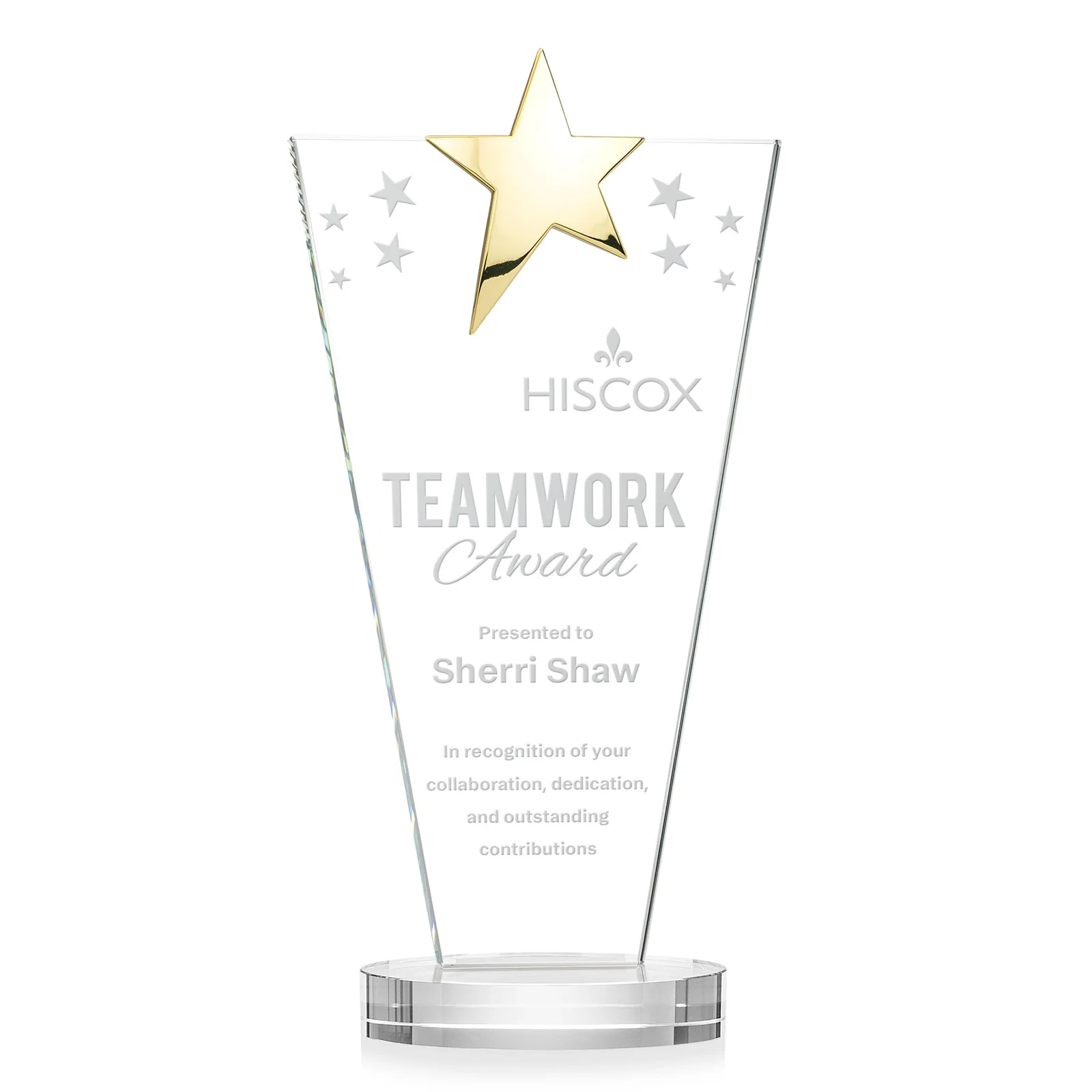 Promotional Starfire Crystal Award with Chrome or Gold Star on Oval Base for company anniversary events