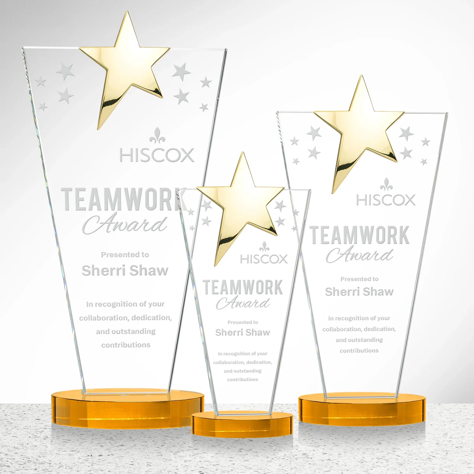 Branded Starfire Crystal Award with Chrome or Gold Star on Oval Base for employee recognition