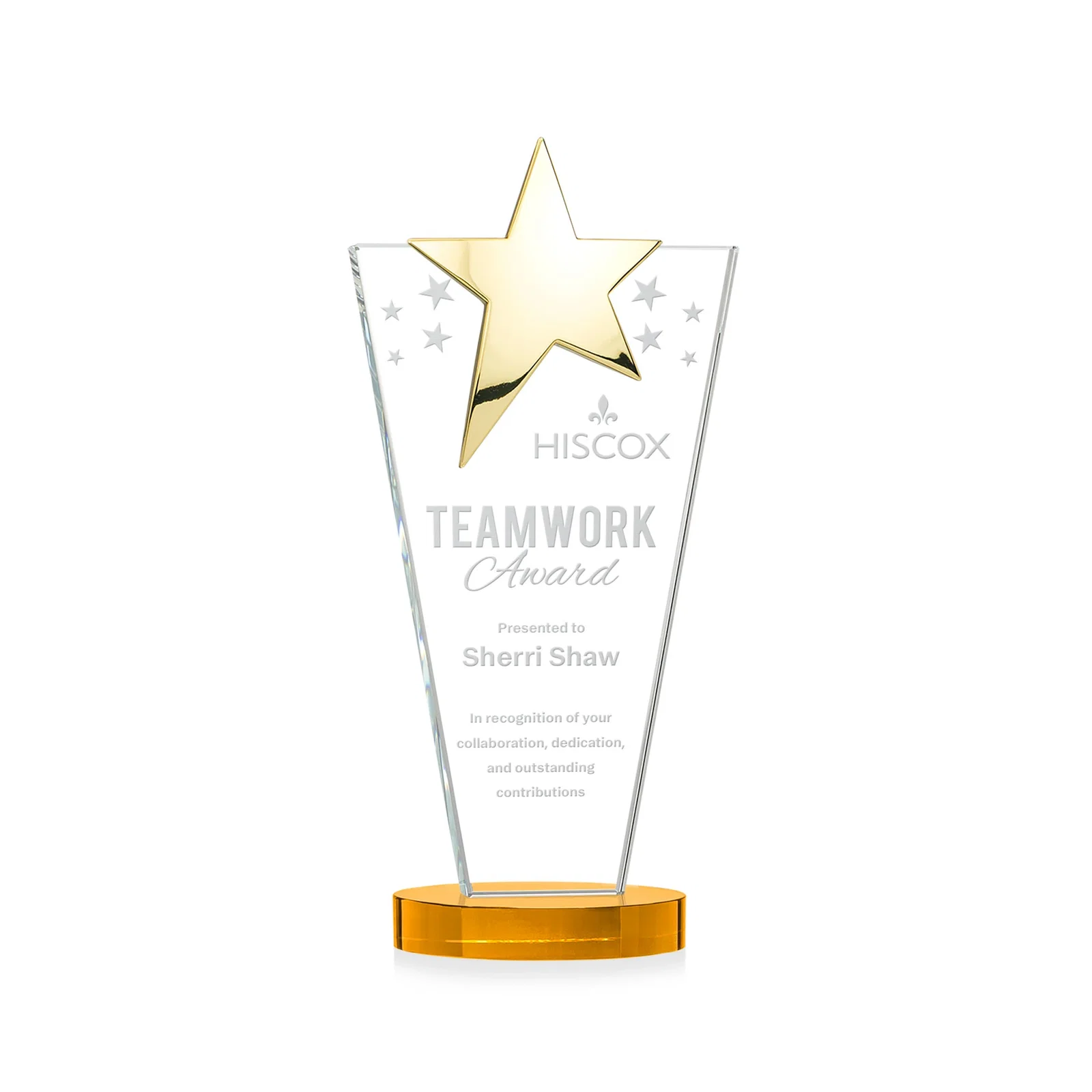 Branded Starfire Crystal Award with Chrome or Gold Star on Oval Base for corporate award ceremonies