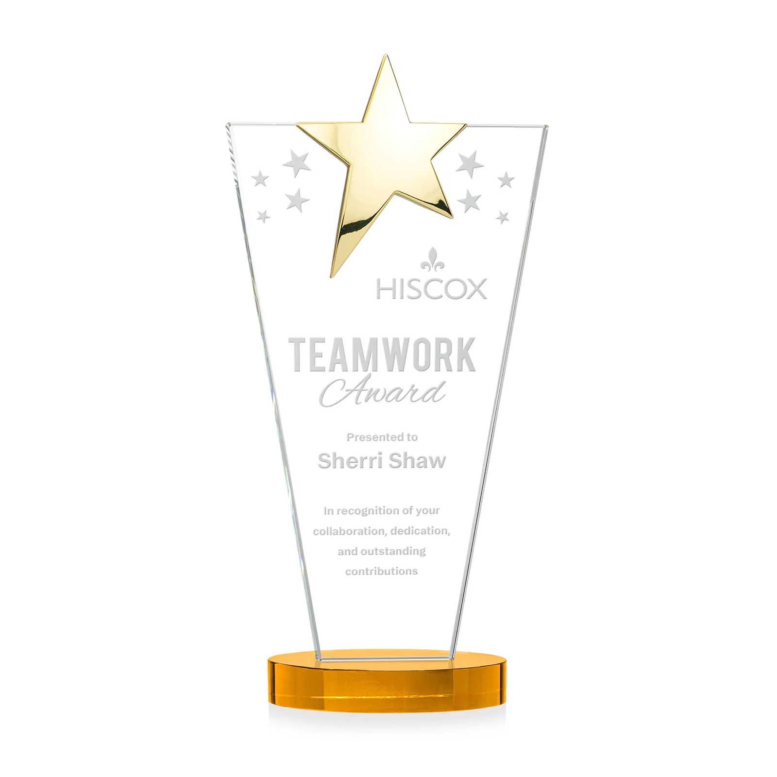 Branded Starfire Crystal Award with Chrome or Gold Star on Oval Base for service anniversary gifts