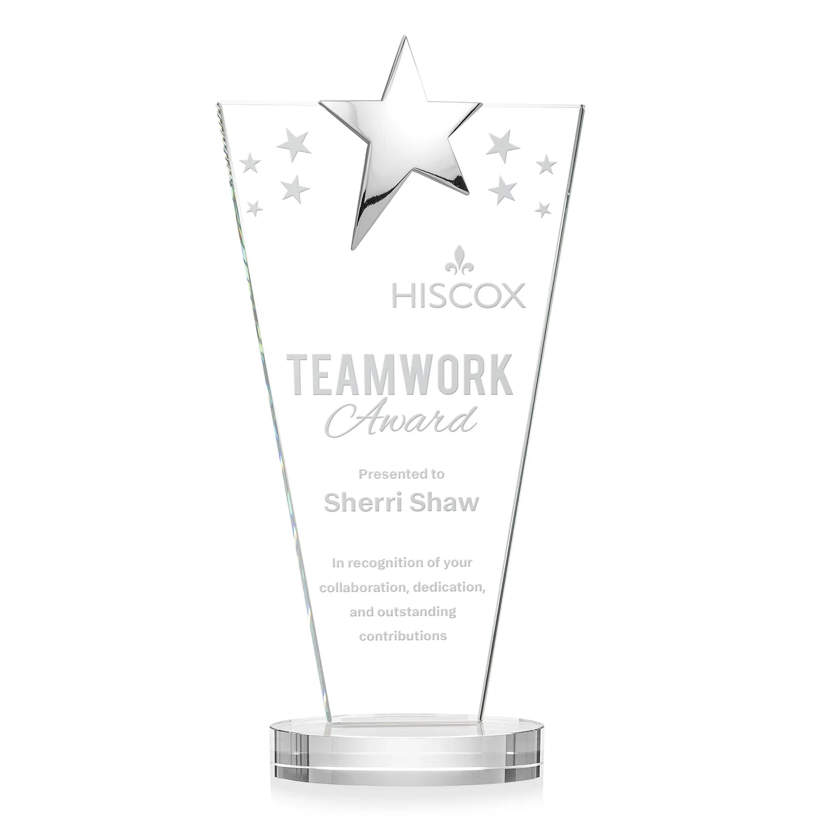 Custom Starfire Crystal Award with Chrome or Gold Star on Oval Base for sales achievement awards