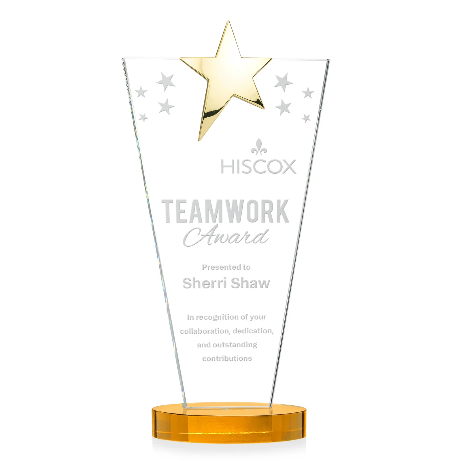 Branded Starfire Crystal Award with Chrome or Gold Star on Oval Base for sales achievement awards