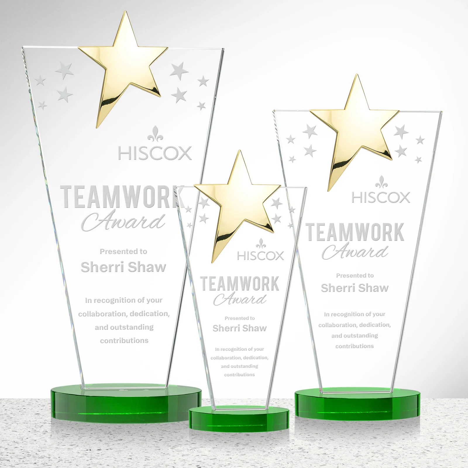 Branded Starfire Crystal Award with Chrome or Gold Star on Oval Base for retirement presentations