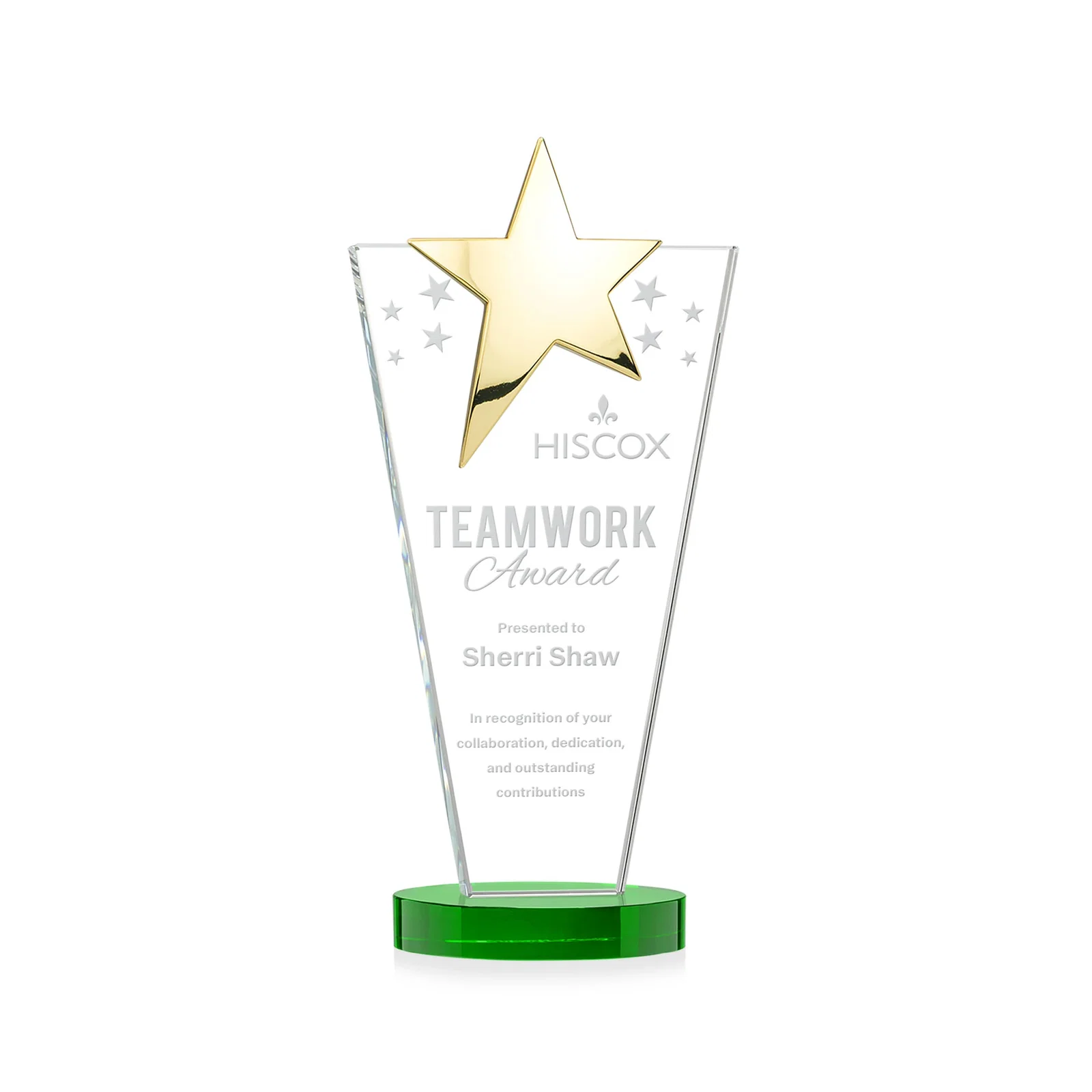 Branded Starfire Crystal Award with Chrome or Gold Star on Oval Base for team milestone celebrations