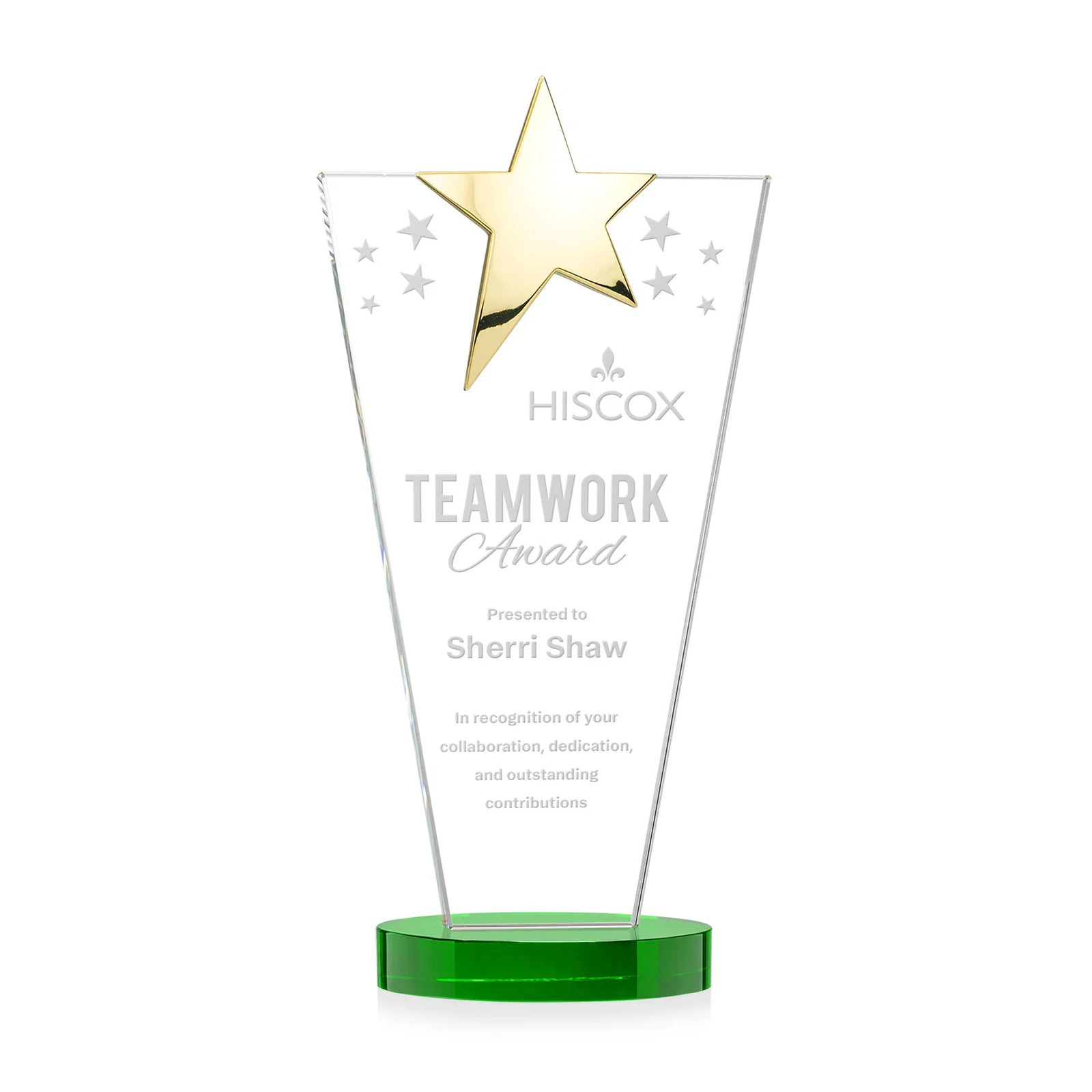 Branded Starfire Crystal Award with Chrome or Gold Star on Oval Base for donor appreciation