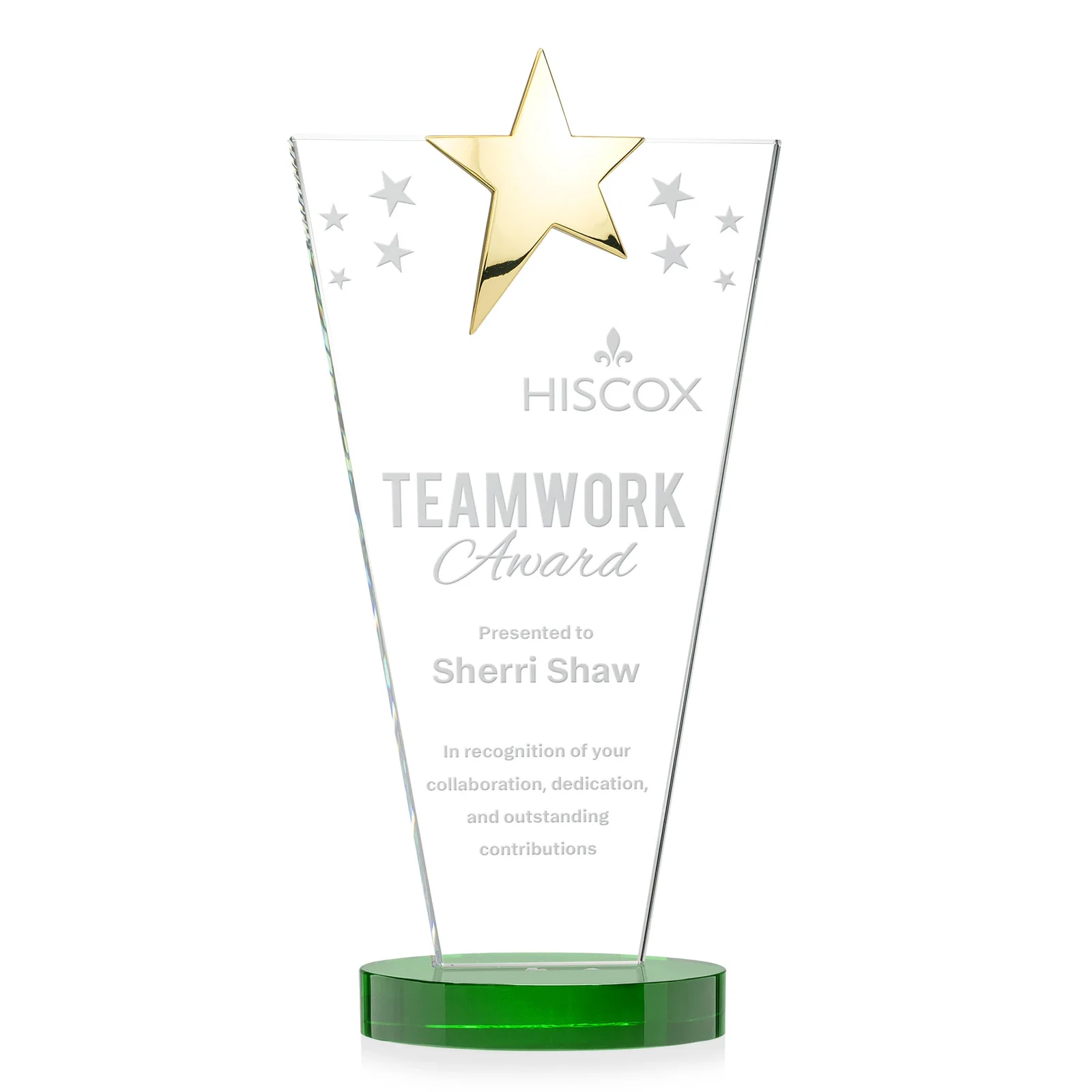 Branded Starfire Crystal Award with Chrome or Gold Star on Oval Base for graduation ceremonies