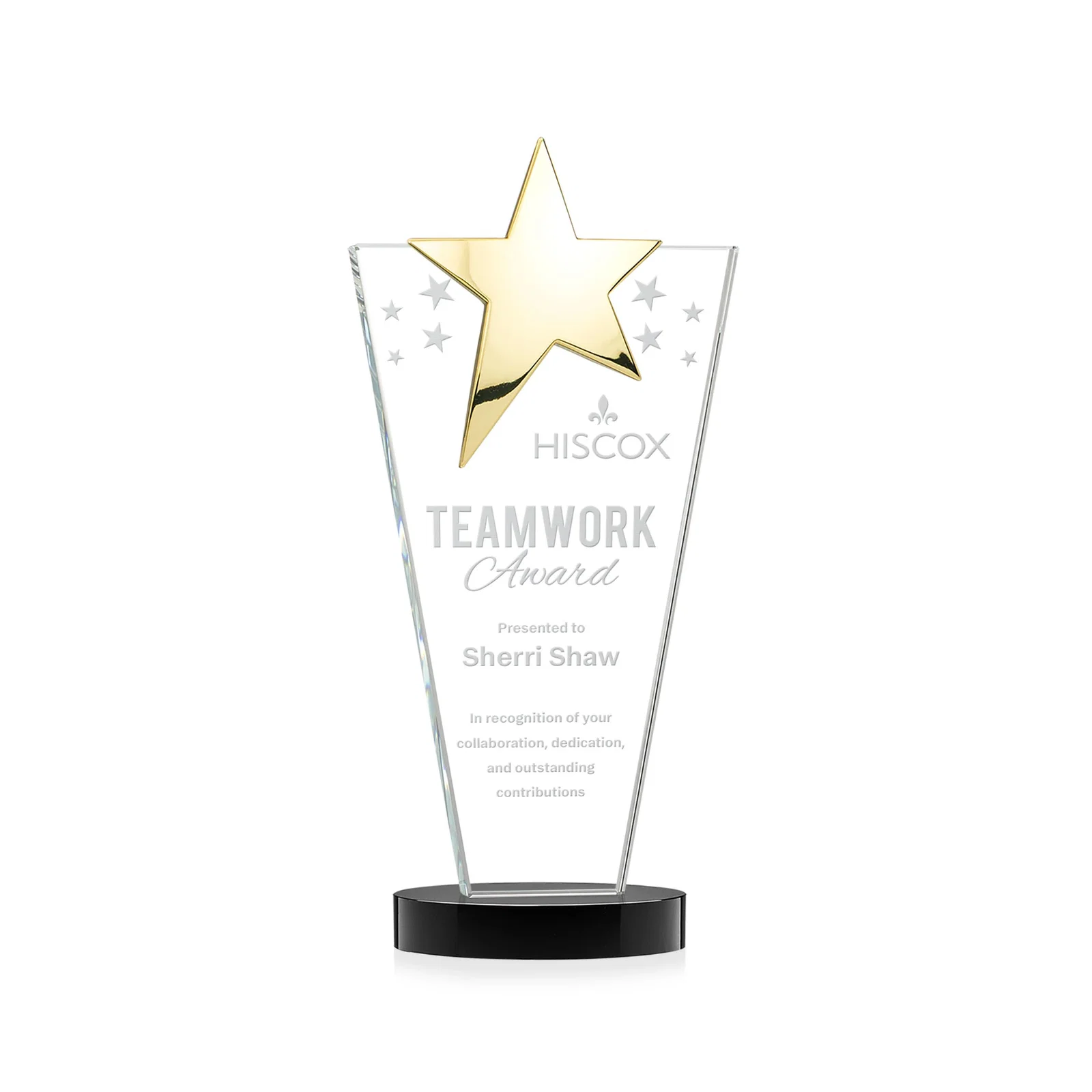 Branded Starfire Crystal Award with Chrome or Gold Star on Oval Base for volunteer appreciation