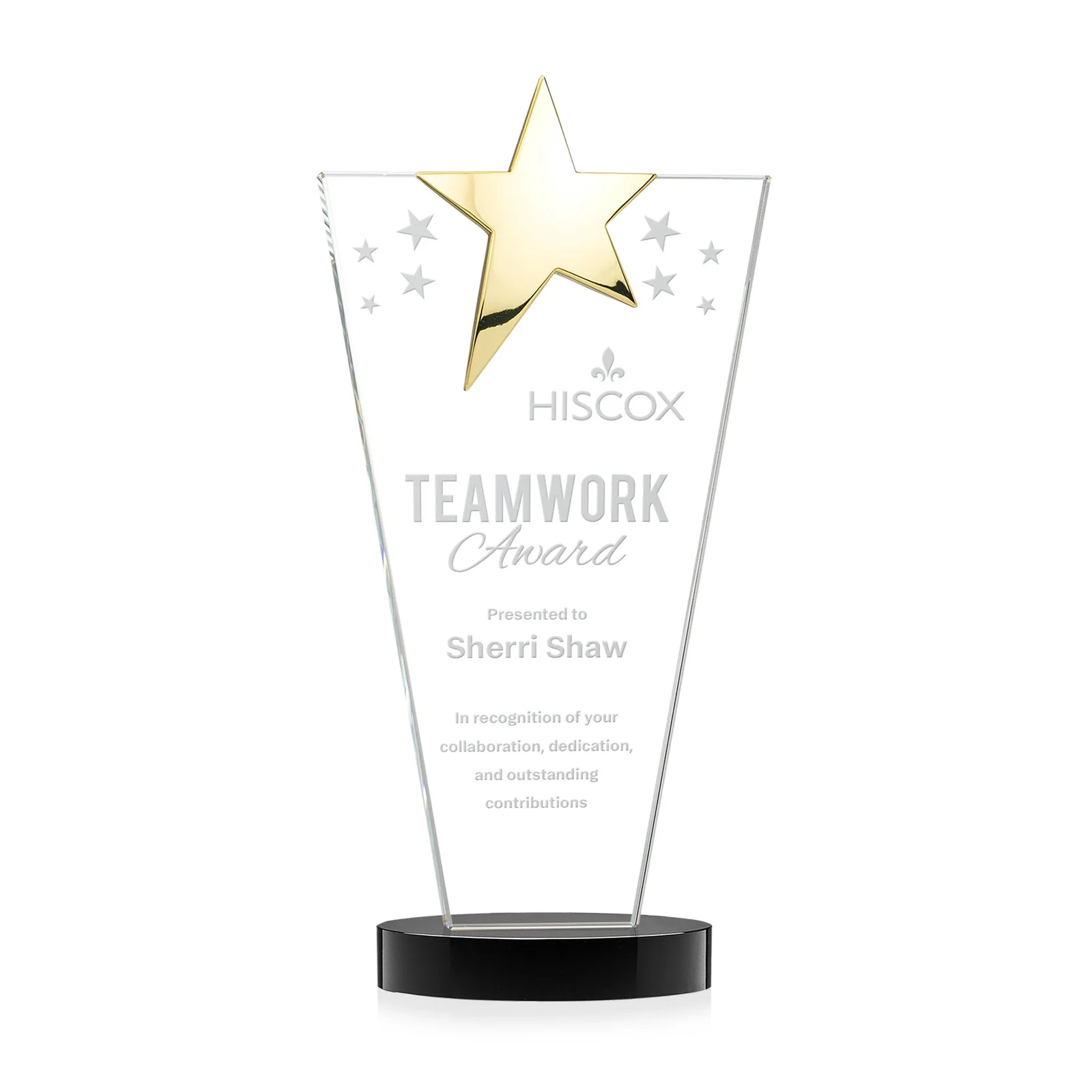 Branded Starfire Crystal Award with Chrome or Gold Star on Oval Base for dealer and partner awards