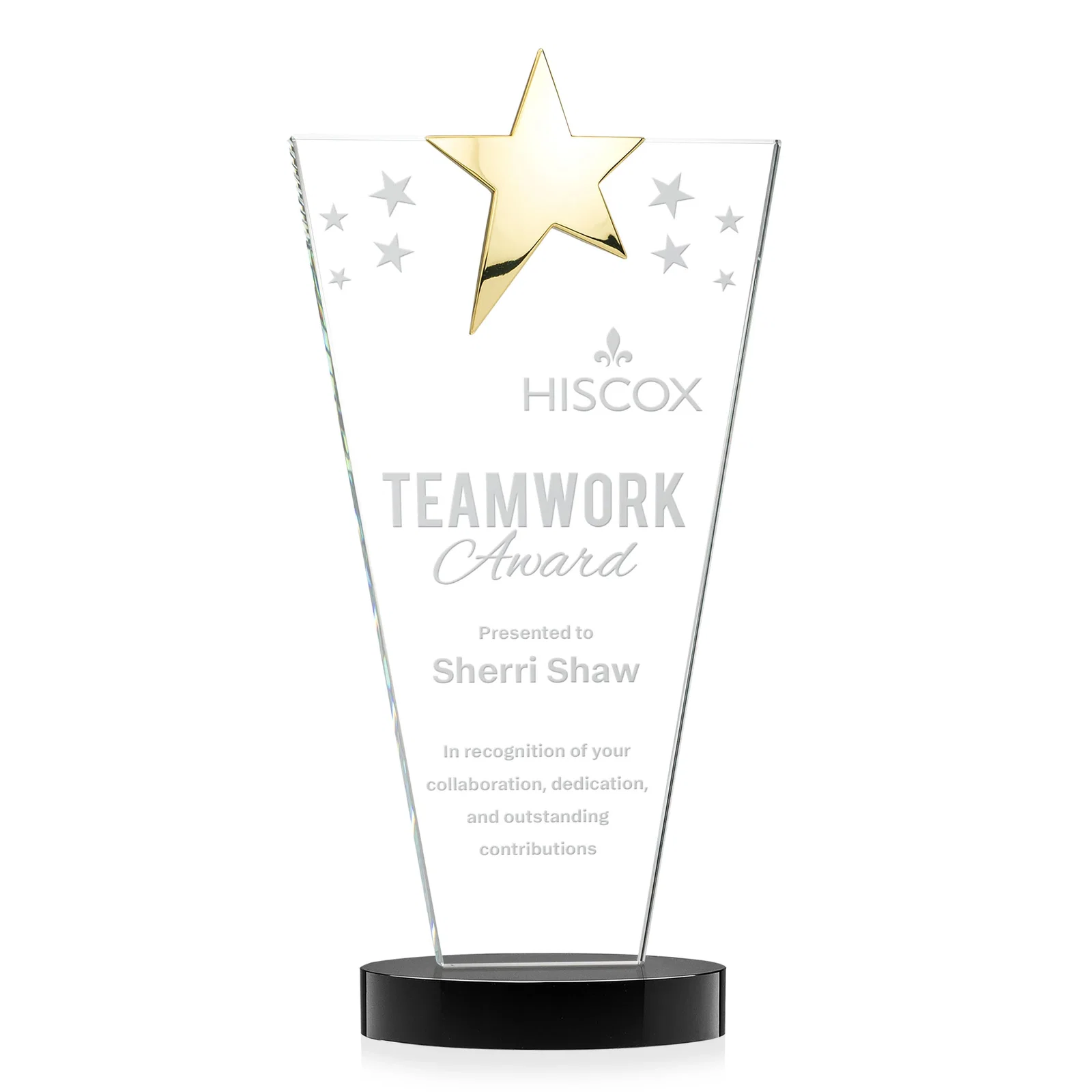 Branded Starfire Crystal Award with Chrome or Gold Star on Oval Base for company anniversary events