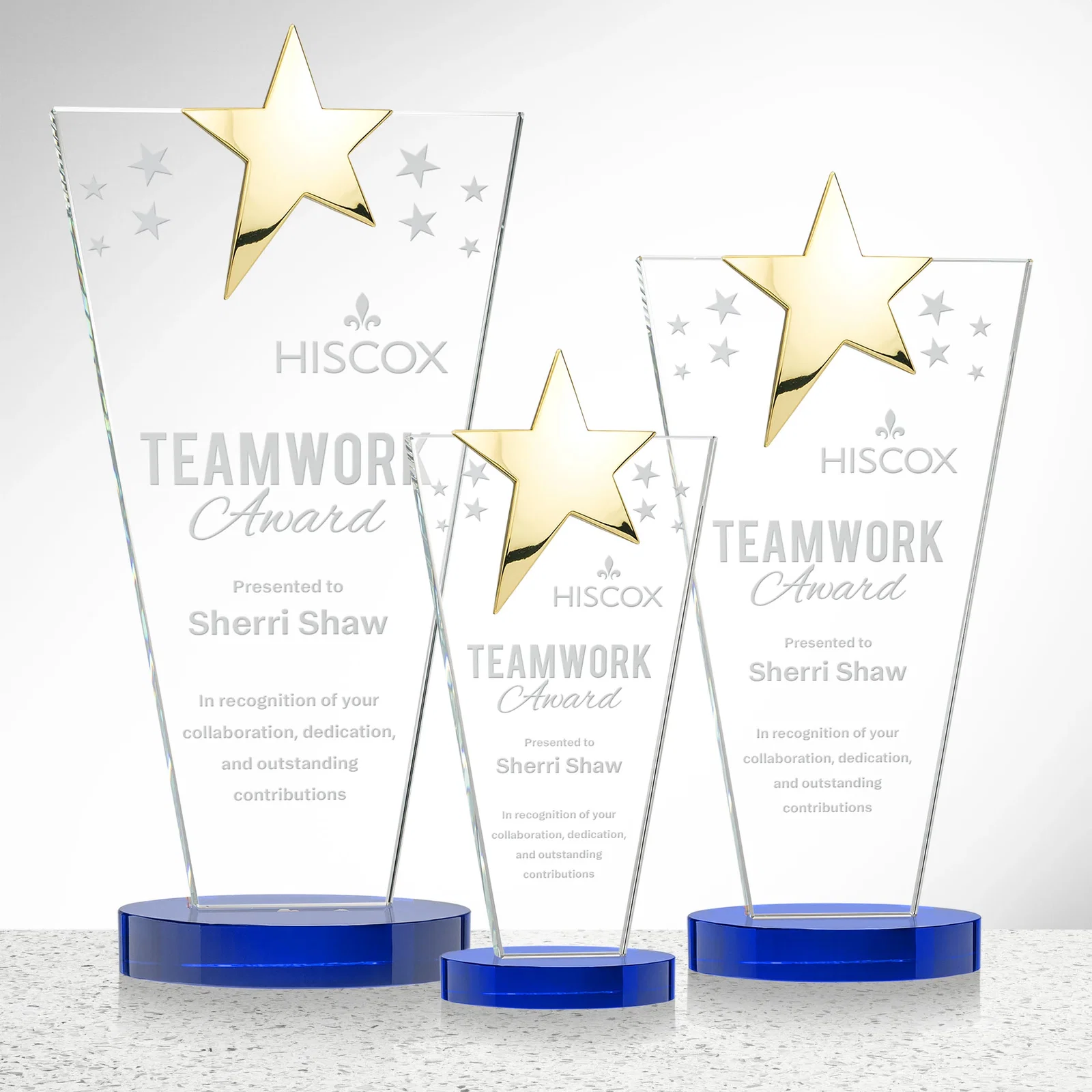 Custom printed Starfire Crystal Award with Chrome or Gold Star on Oval Base for employee recognition