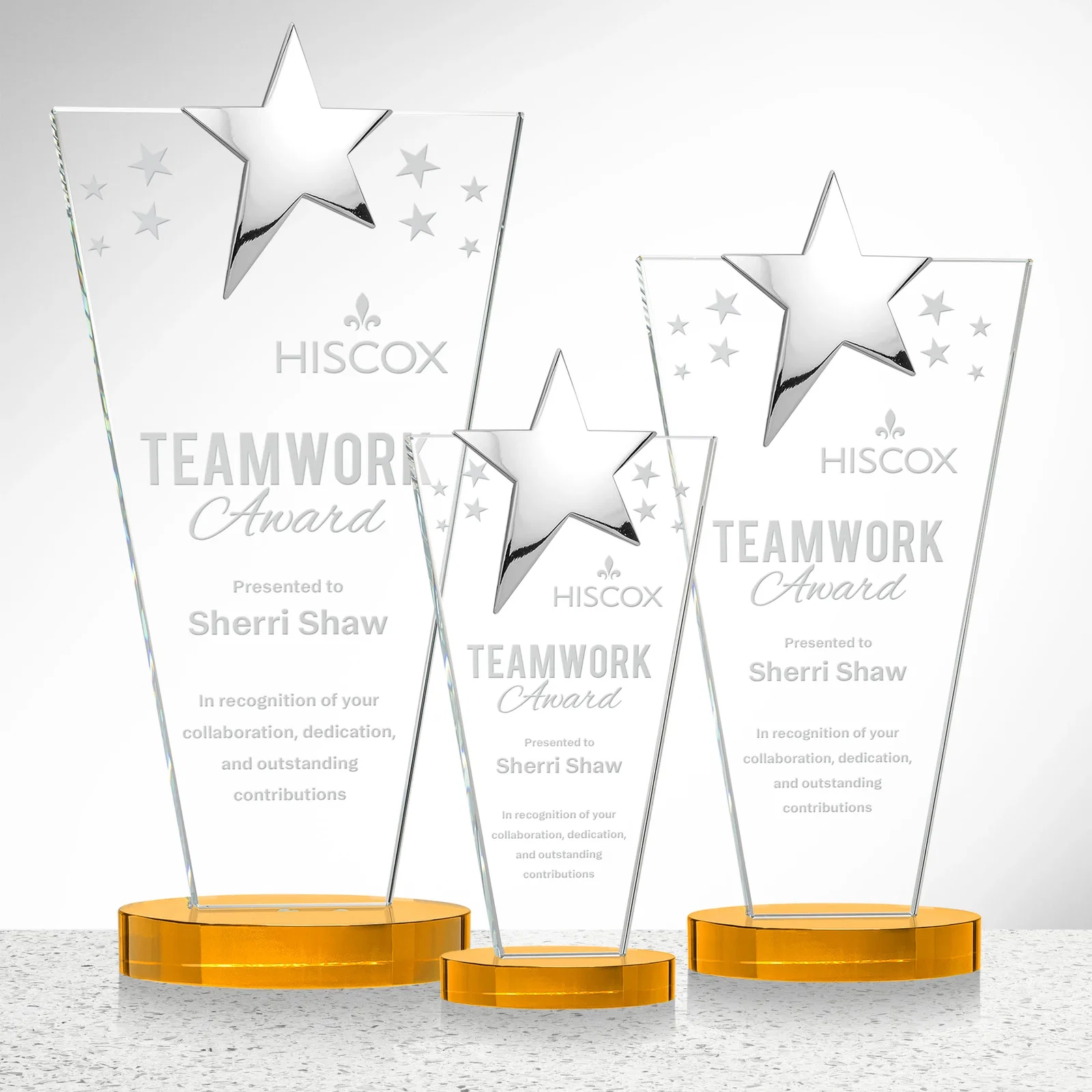 Custom Starfire Crystal Award with Chrome or Gold Star on Oval Base for retirement presentations