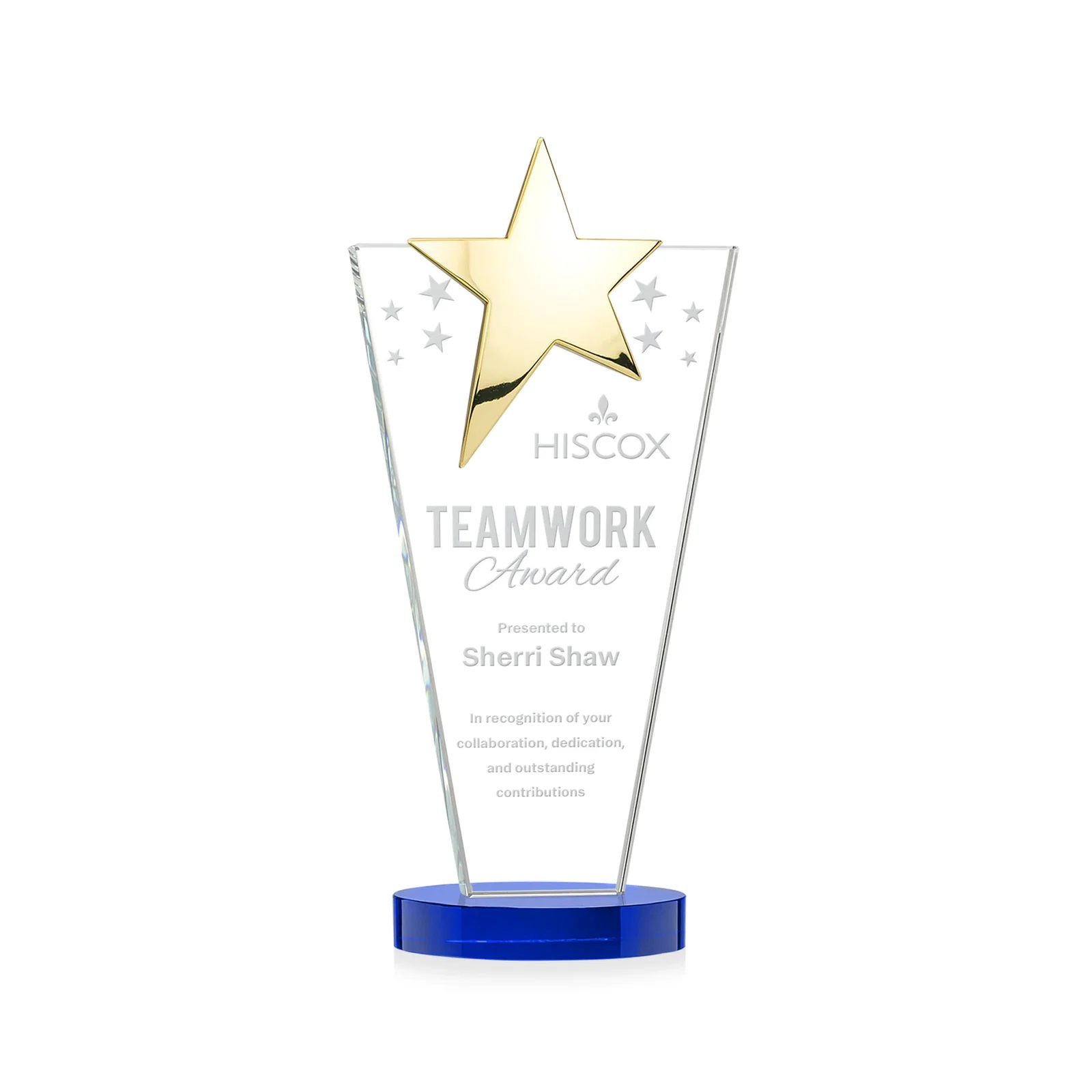 Custom printed Starfire Crystal Award with Chrome or Gold Star on Oval Base for corporate award ceremonies