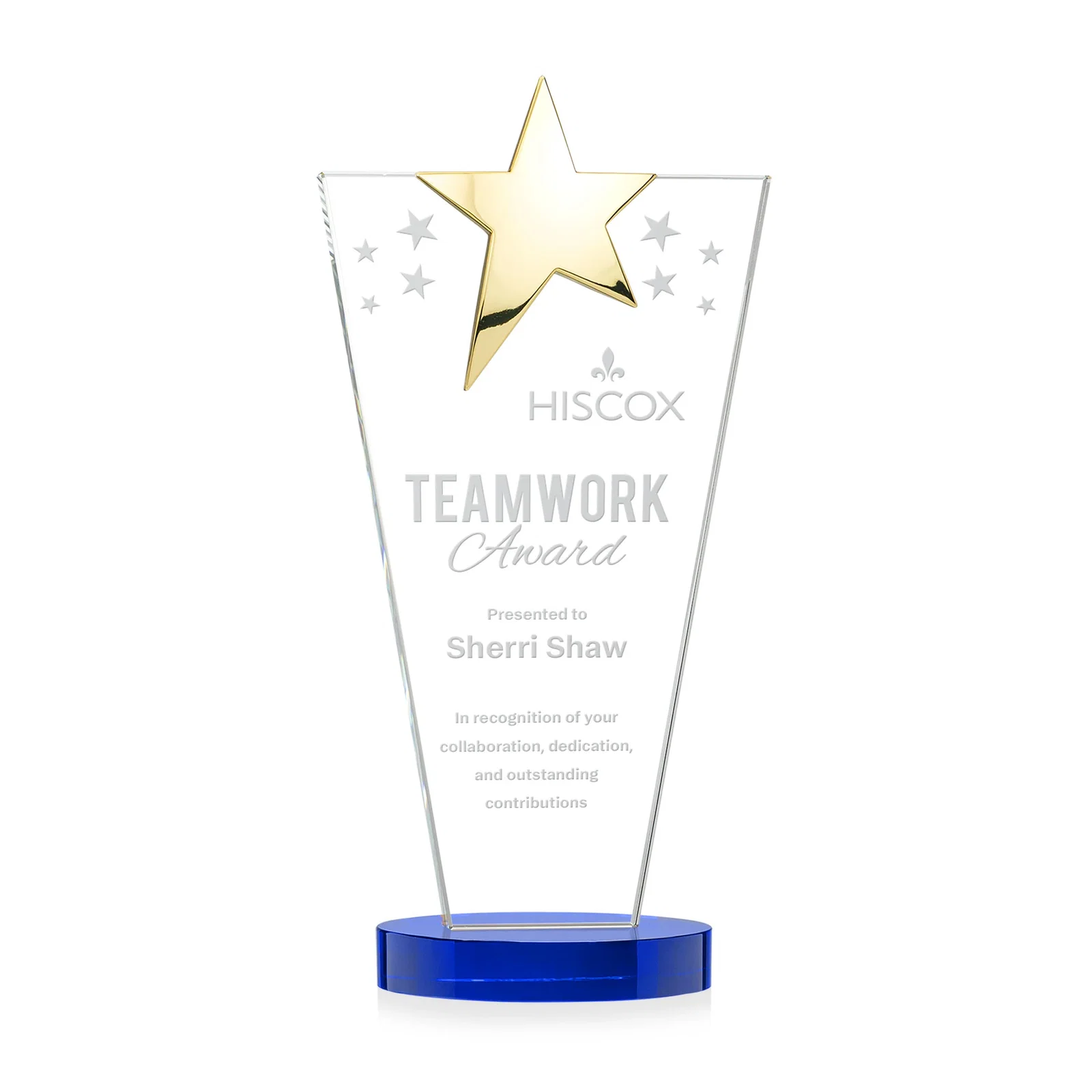 Custom printed Starfire Crystal Award with Chrome or Gold Star on Oval Base for service anniversary gifts