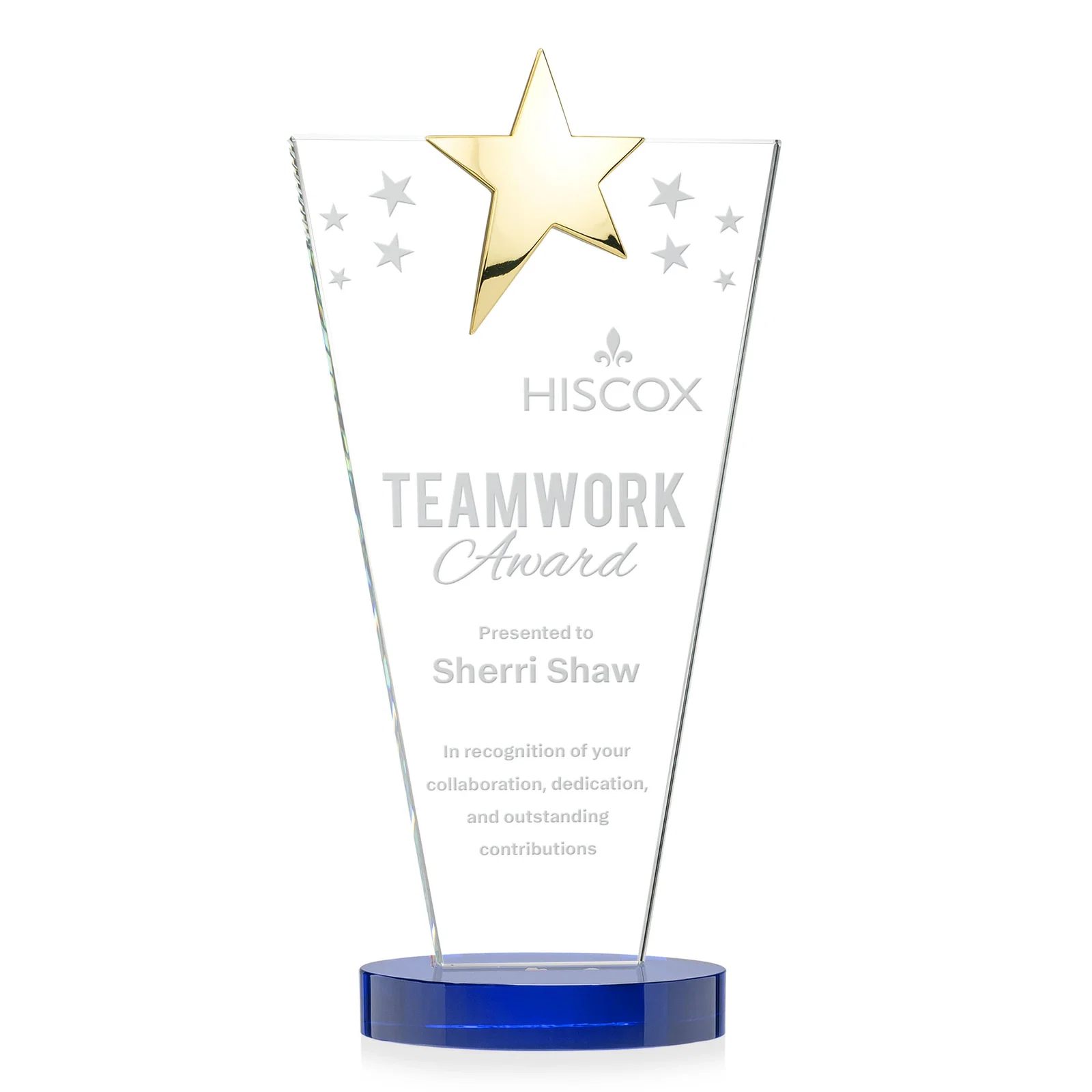 Custom printed Starfire Crystal Award with Chrome or Gold Star on Oval Base for sales achievement awards