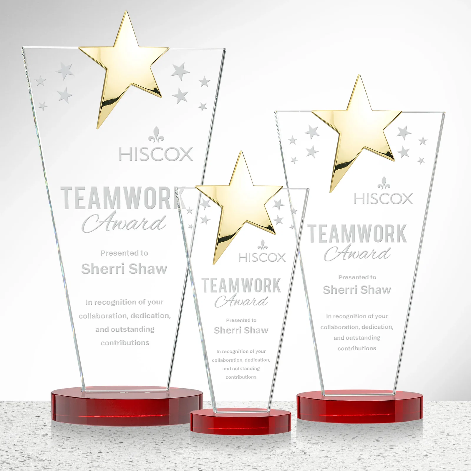 Custom printed Starfire Crystal Award with Chrome or Gold Star on Oval Base for retirement presentations