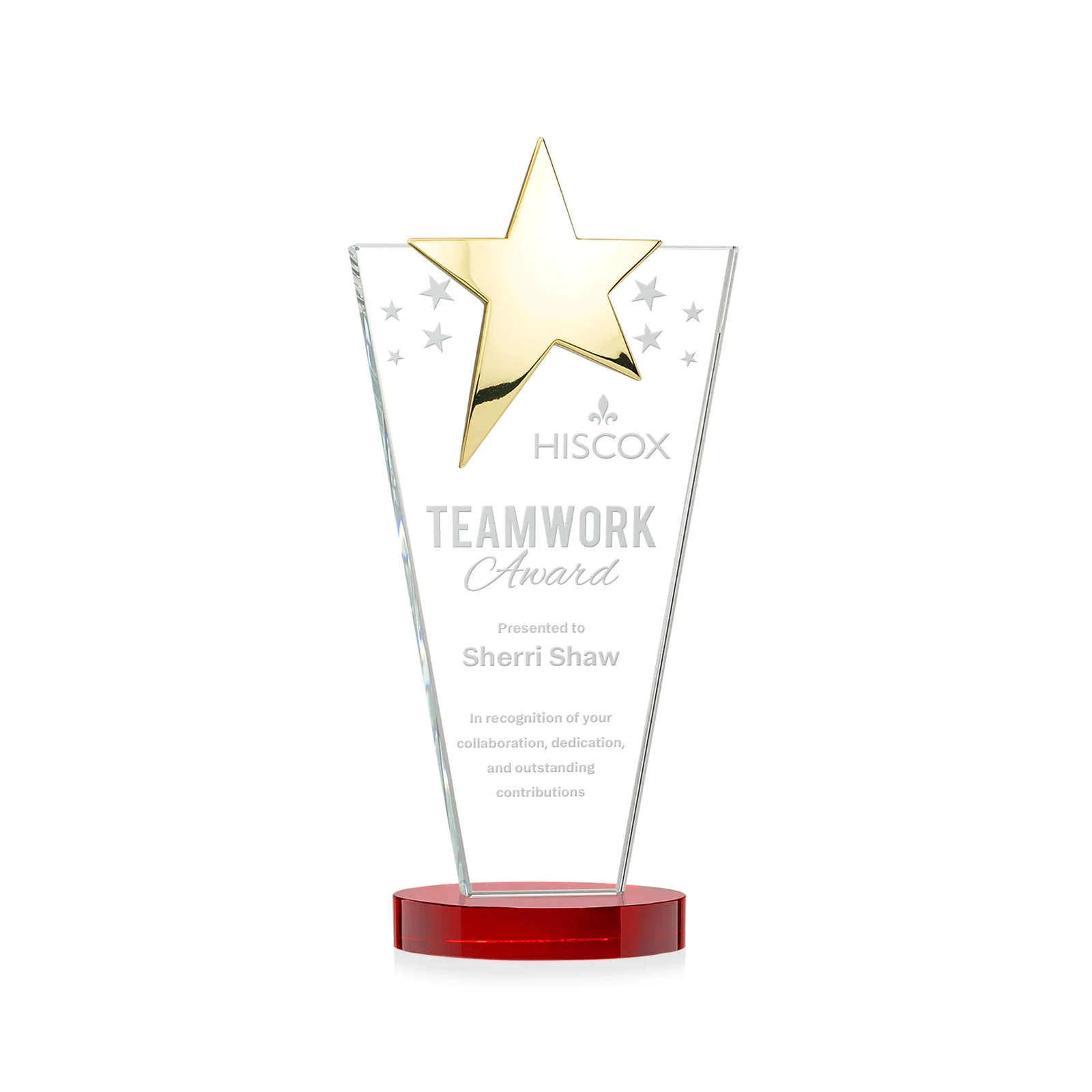 Custom printed Starfire Crystal Award with Chrome or Gold Star on Oval Base for team milestone celebrations