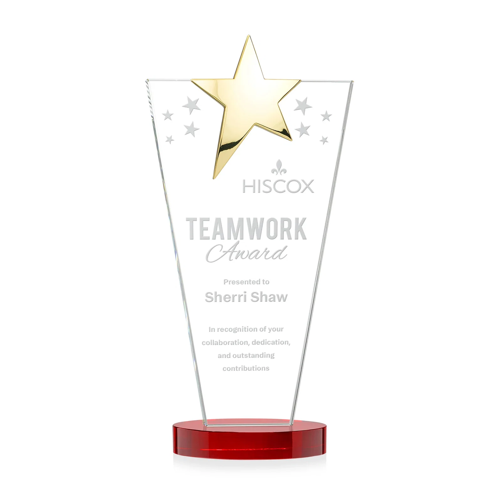Custom printed Starfire Crystal Award with Chrome or Gold Star on Oval Base for donor appreciation