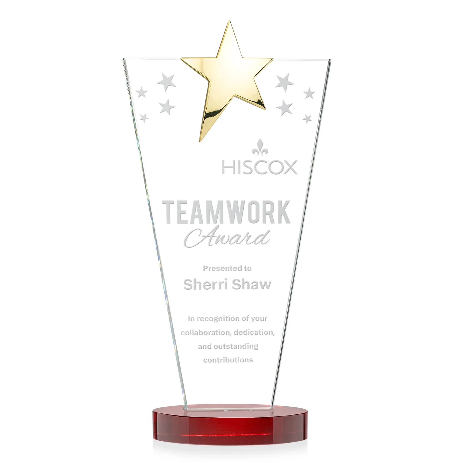 Custom printed Starfire Crystal Award with Chrome or Gold Star on Oval Base for graduation ceremonies