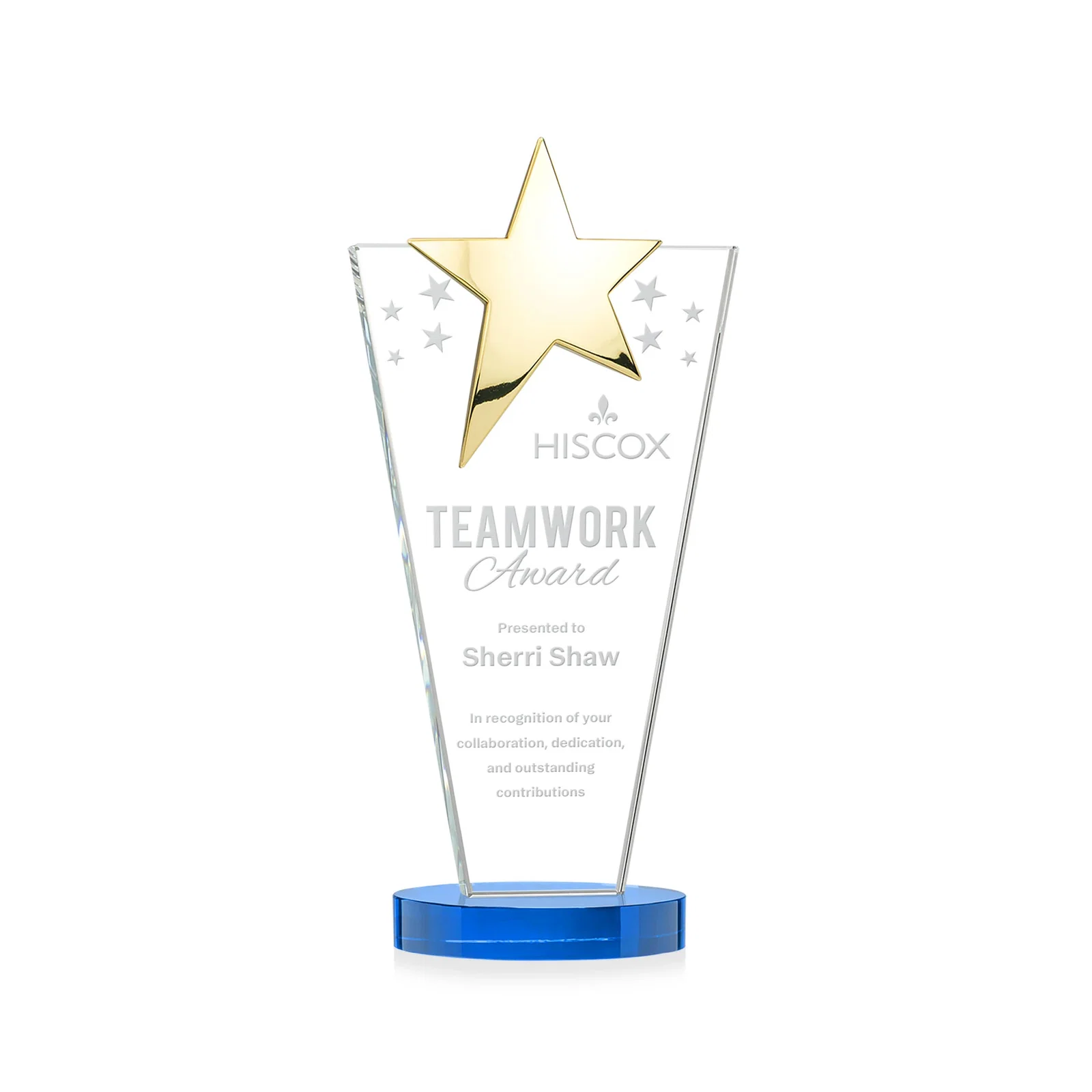 Custom printed Starfire Crystal Award with Chrome or Gold Star on Oval Base for volunteer appreciation