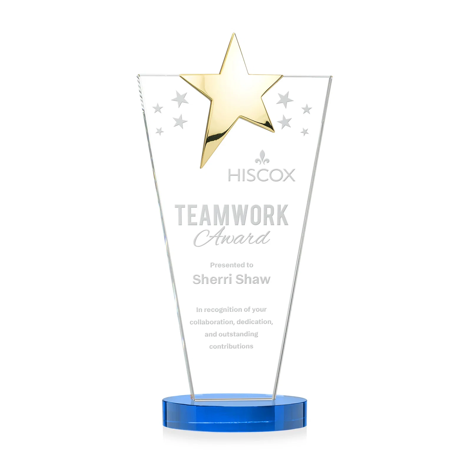 Custom printed Starfire Crystal Award with Chrome or Gold Star on Oval Base for dealer and partner awards