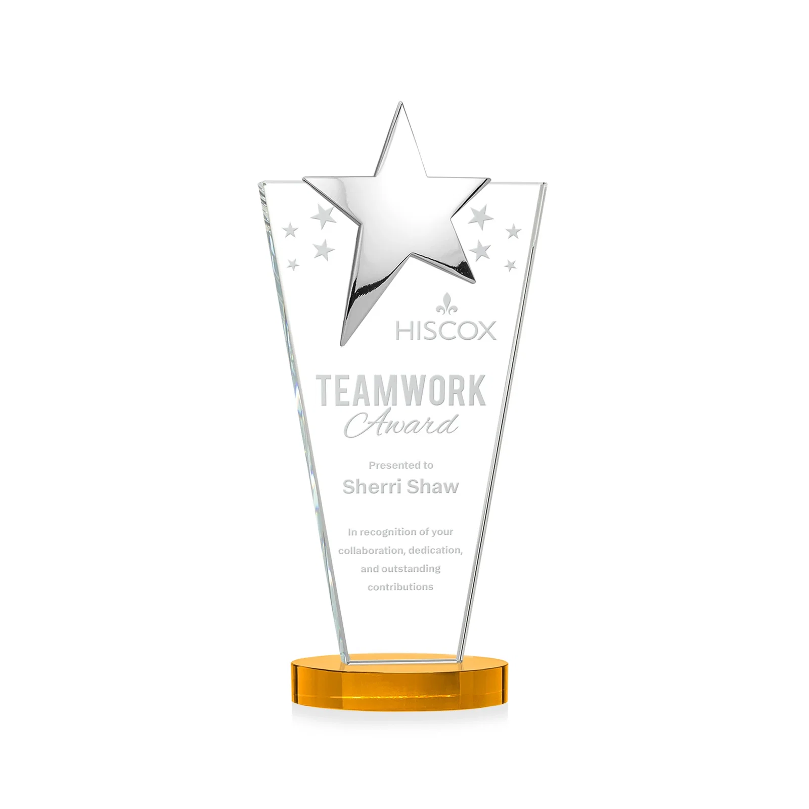 Custom Starfire Crystal Award with Chrome or Gold Star on Oval Base for team milestone celebrations
