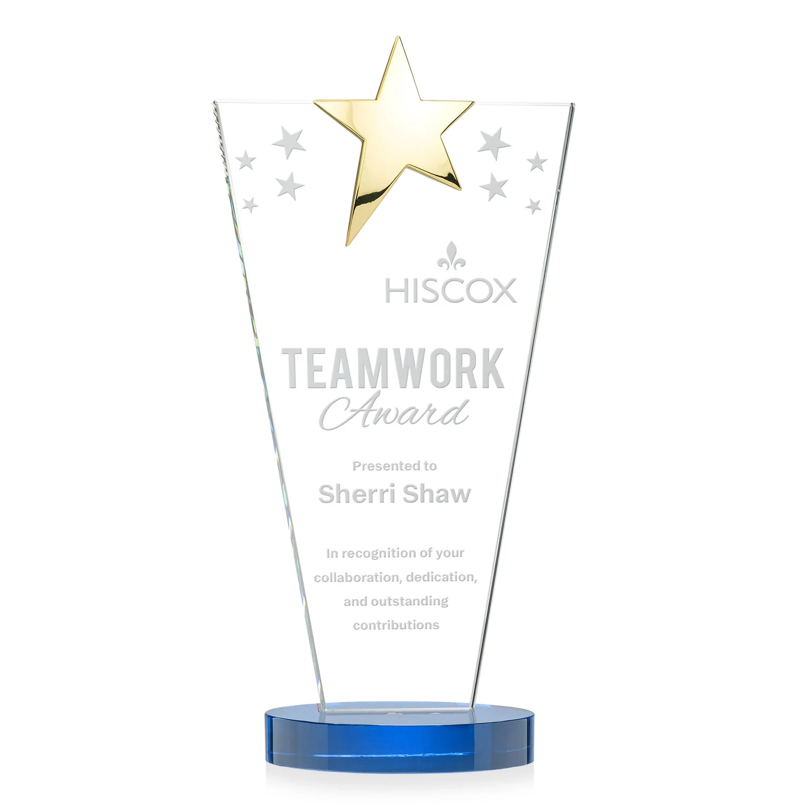 Custom printed Starfire Crystal Award with Chrome or Gold Star on Oval Base for company anniversary events