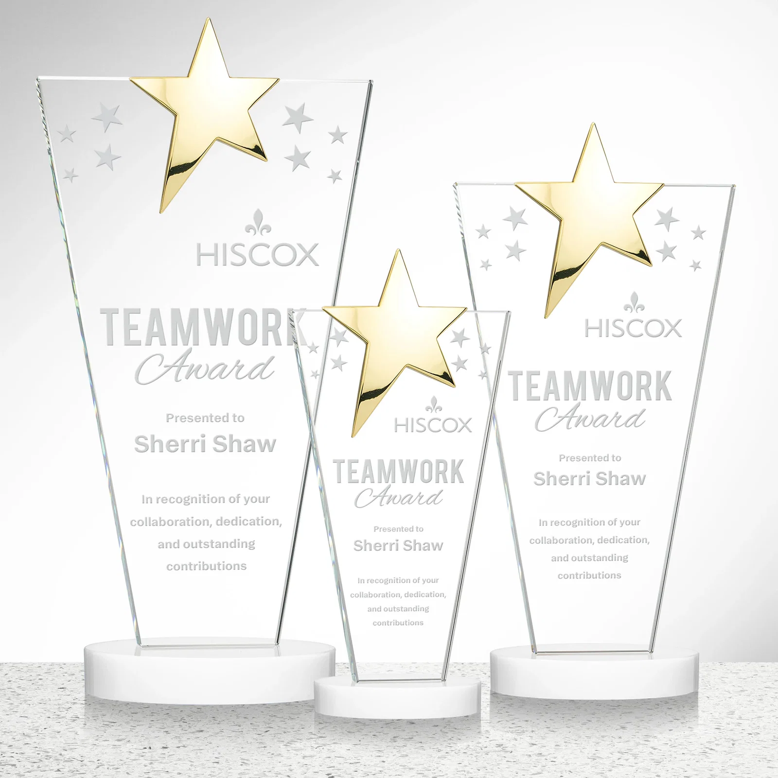 Customized Starfire Crystal Award with Chrome or Gold Star on Oval Base for employee recognition