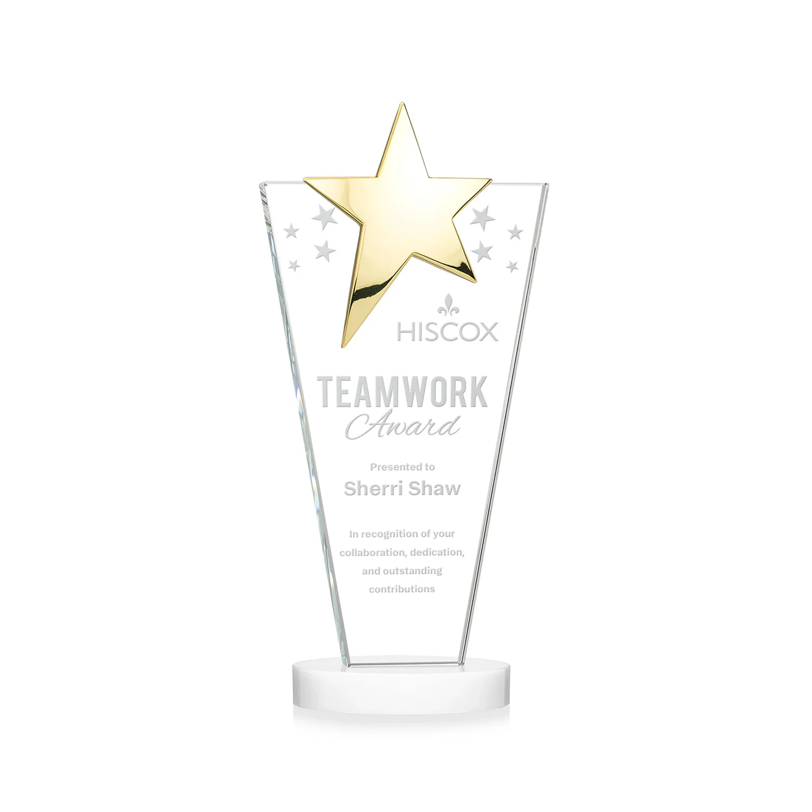 Customized Starfire Crystal Award with Chrome or Gold Star on Oval Base for corporate award ceremonies