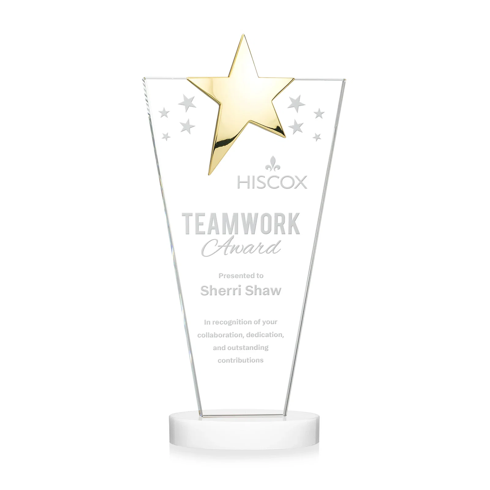 Customized Starfire Crystal Award with Chrome or Gold Star on Oval Base for service anniversary gifts