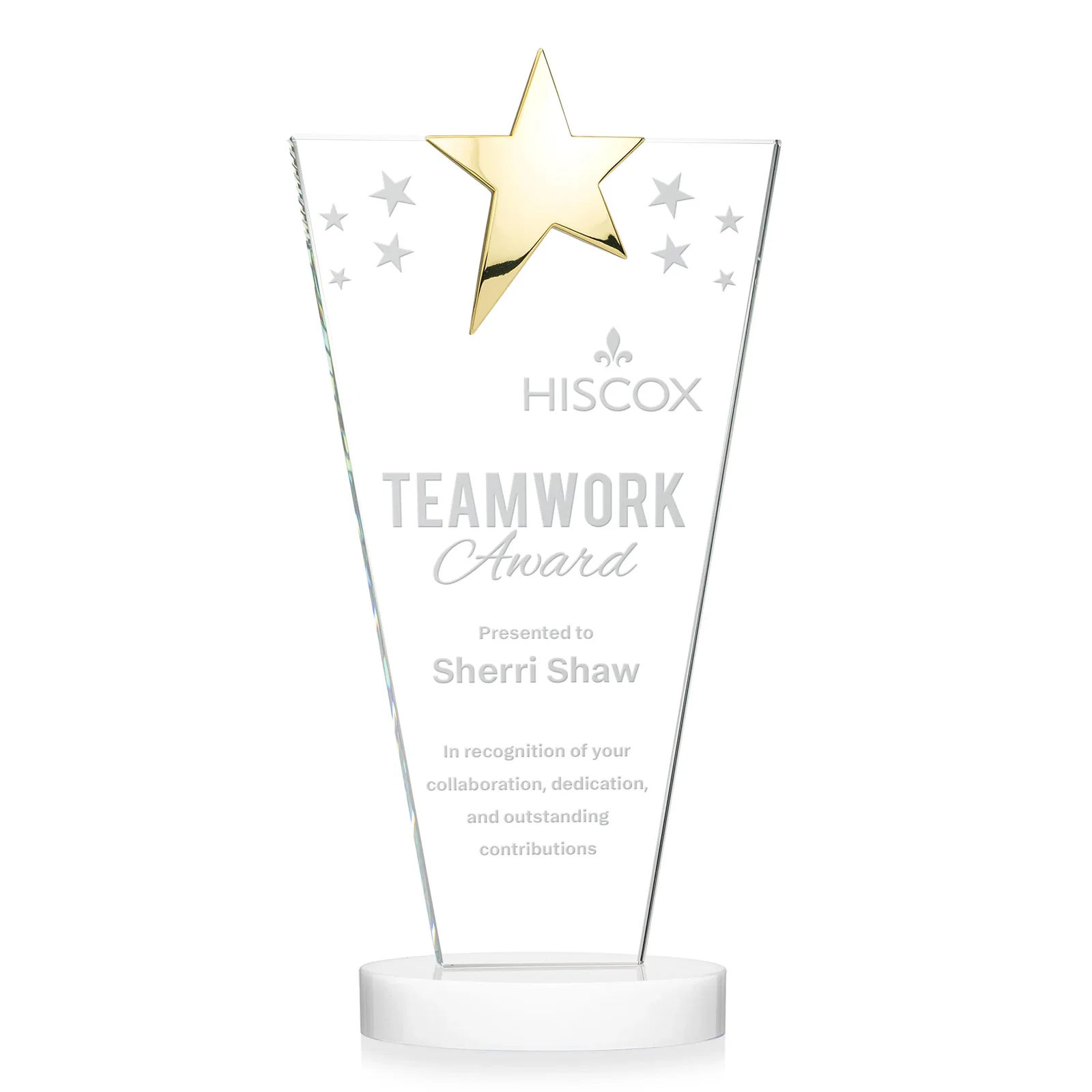 Customized Starfire Crystal Award with Chrome or Gold Star on Oval Base for sales achievement awards