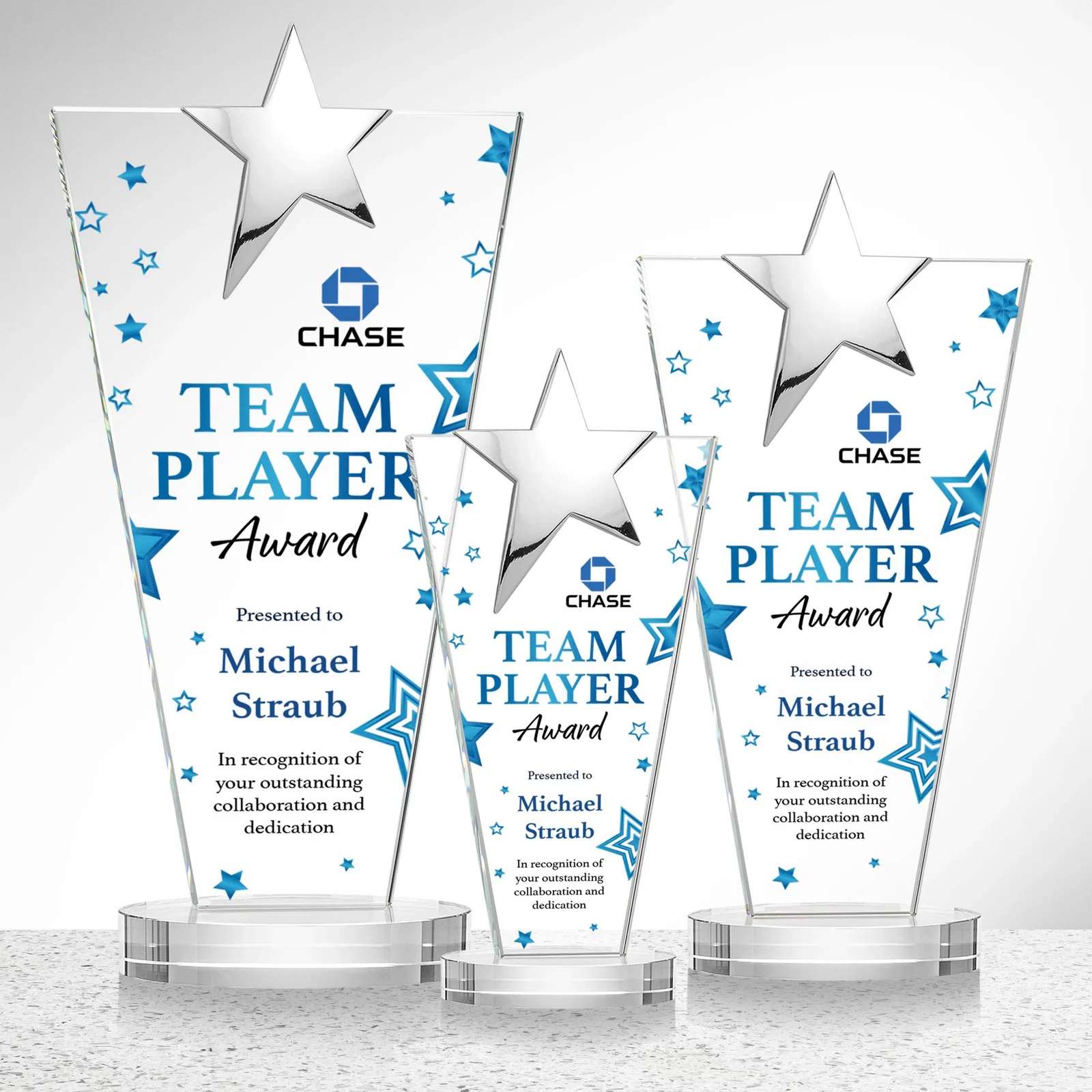 Customized Starfire Crystal Award with Chrome or Gold Star on Oval Base for retirement presentations
