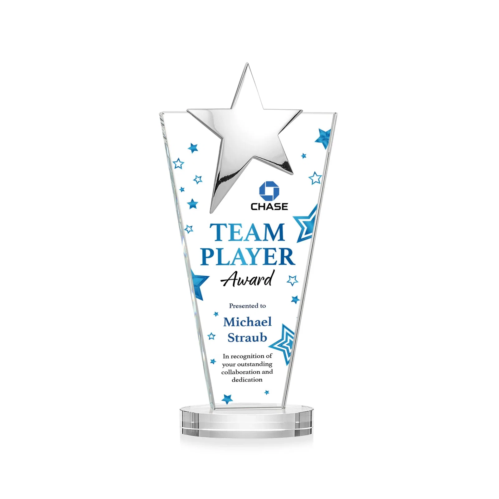 Customized Starfire Crystal Award with Chrome or Gold Star on Oval Base for team milestone celebrations