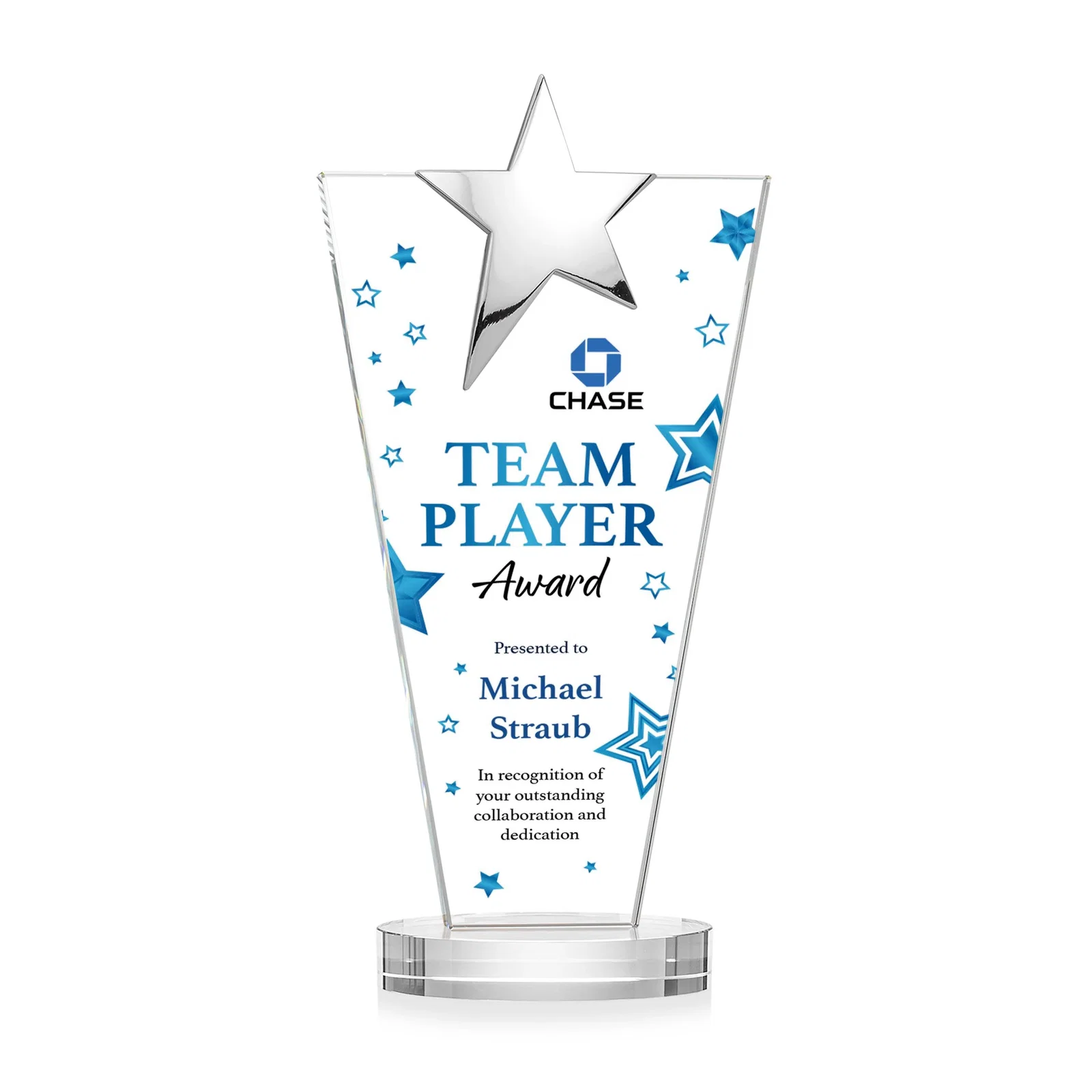Customized Starfire Crystal Award with Chrome or Gold Star on Oval Base for donor appreciation