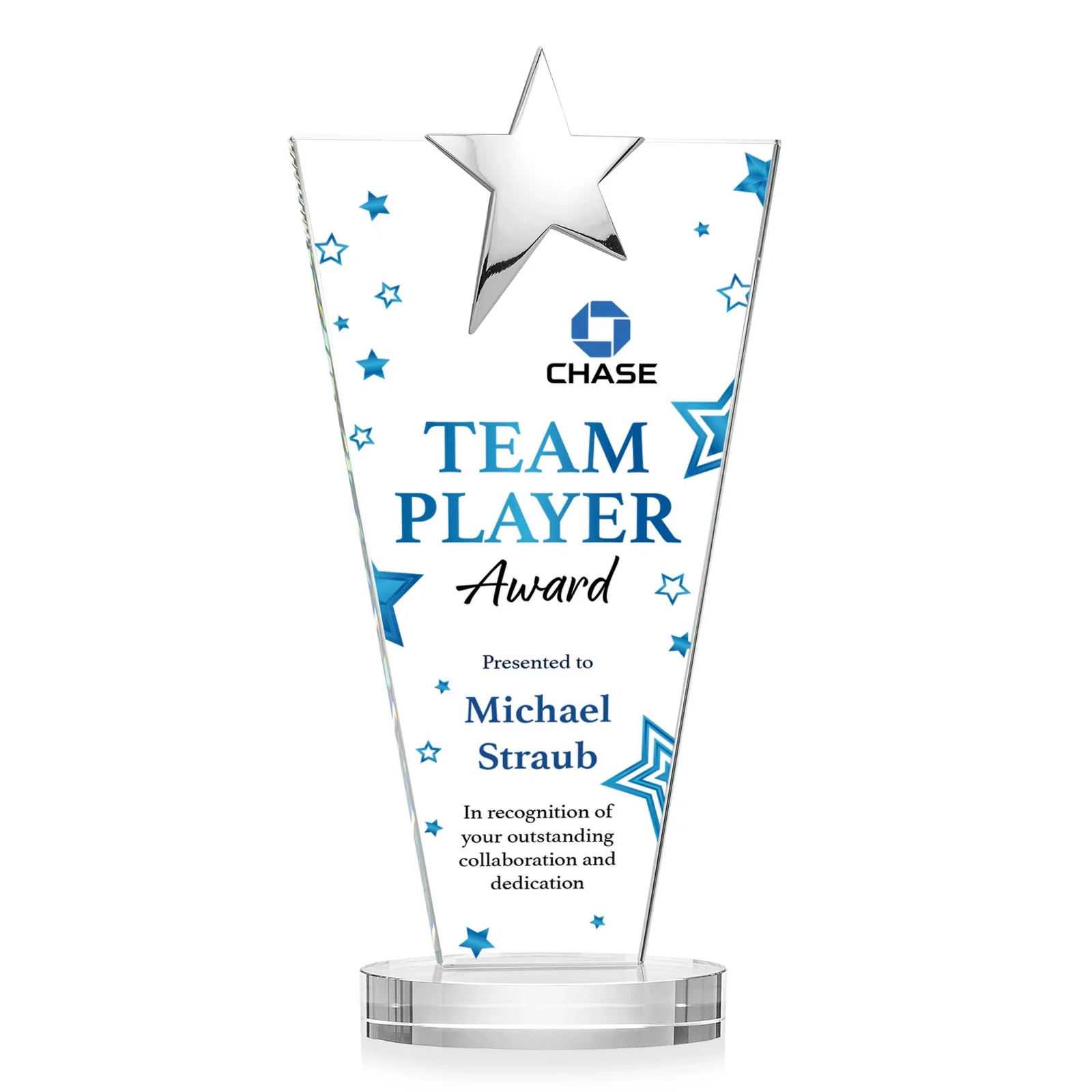 Customized Starfire Crystal Award with Chrome or Gold Star on Oval Base for graduation ceremonies