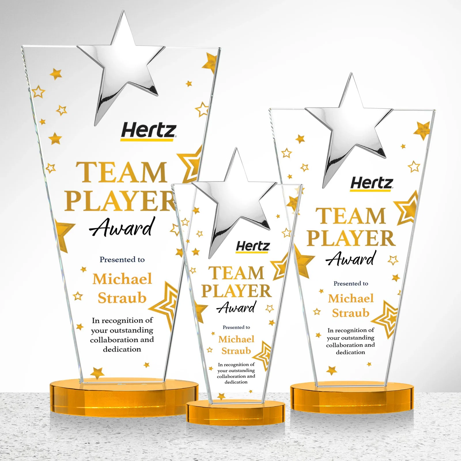 Customized Starfire Crystal Award with Chrome or Gold Star on Oval Base for safety achievement programs