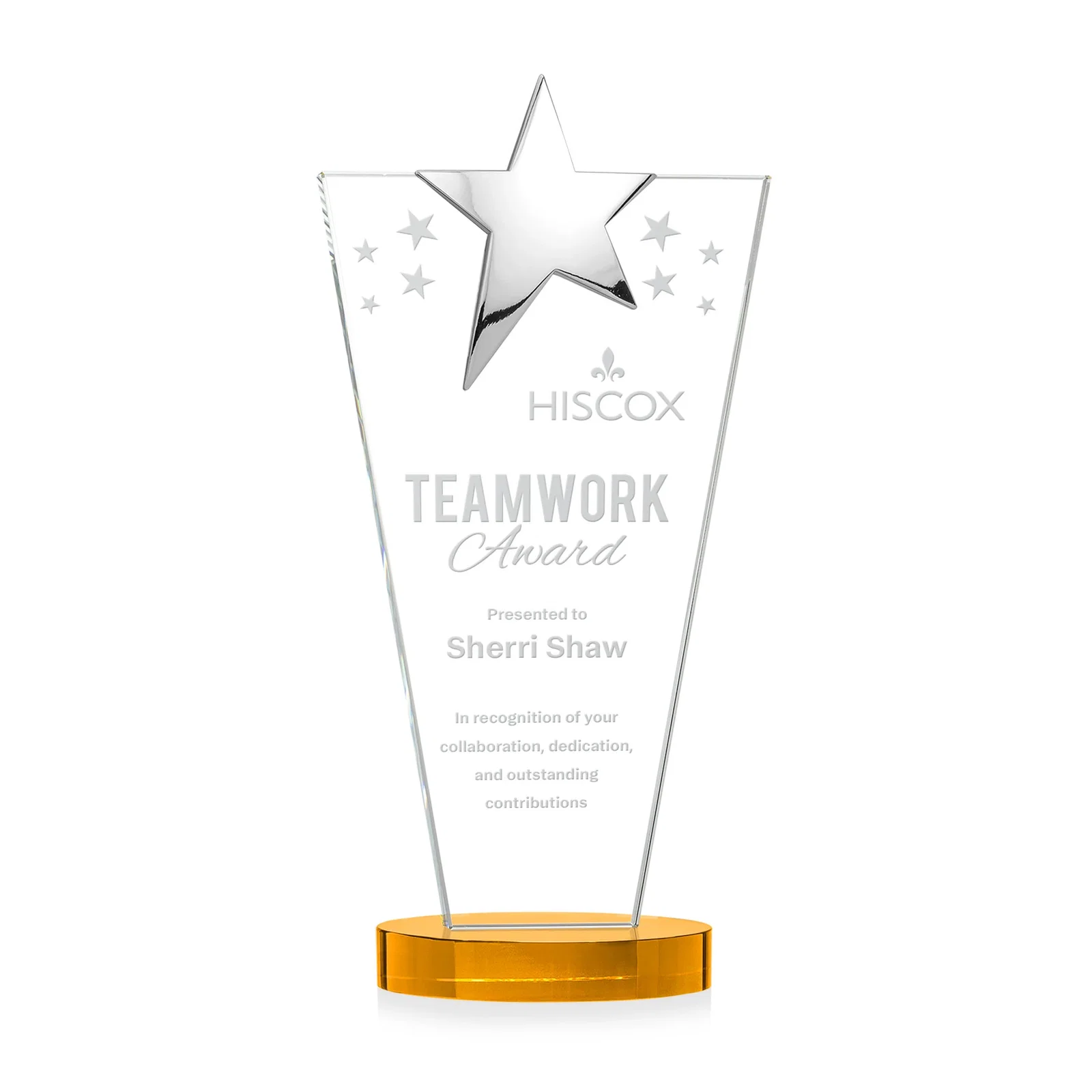 Custom Starfire Crystal Award with Chrome or Gold Star on Oval Base for donor appreciation