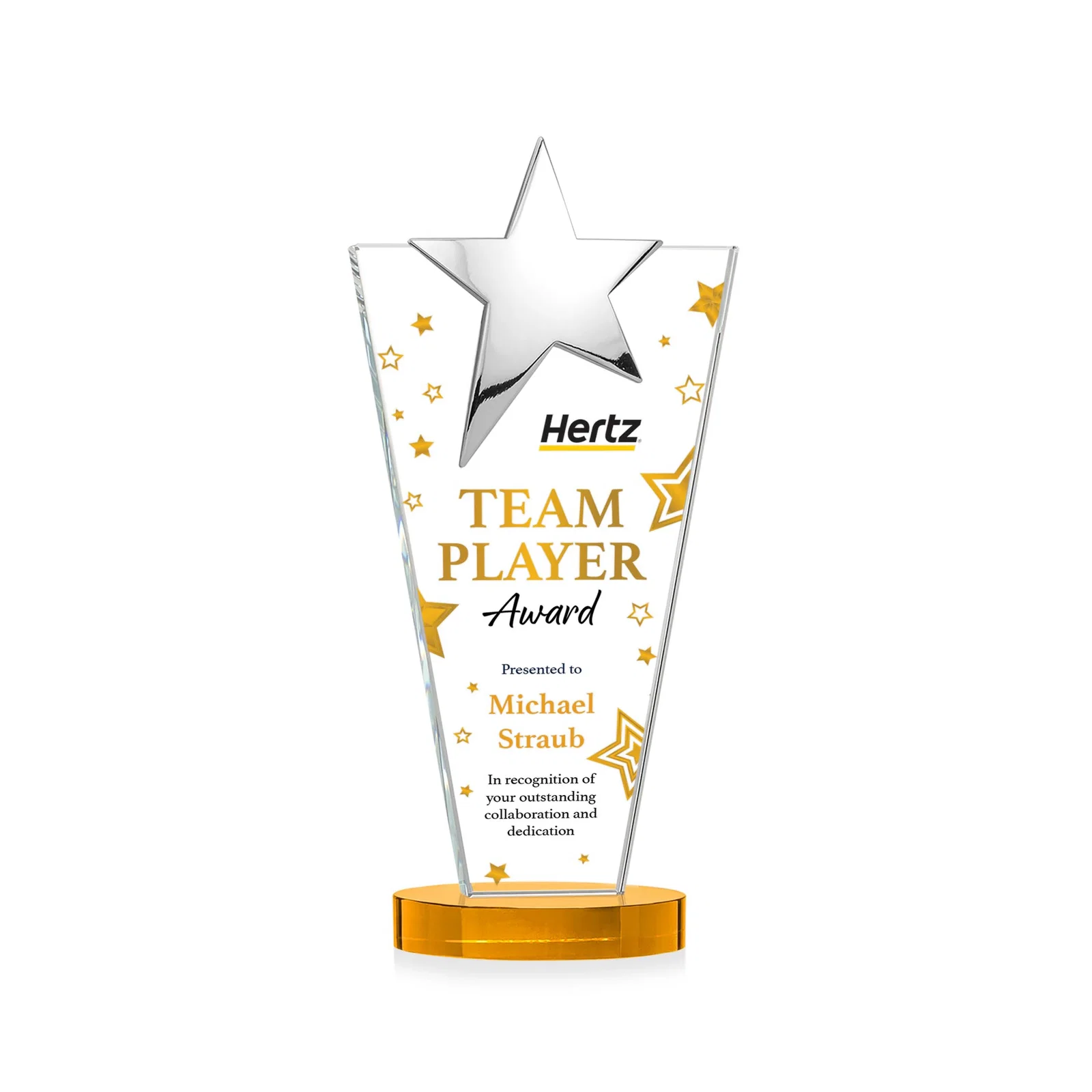 Customized Starfire Crystal Award with Chrome or Gold Star on Oval Base for volunteer appreciation