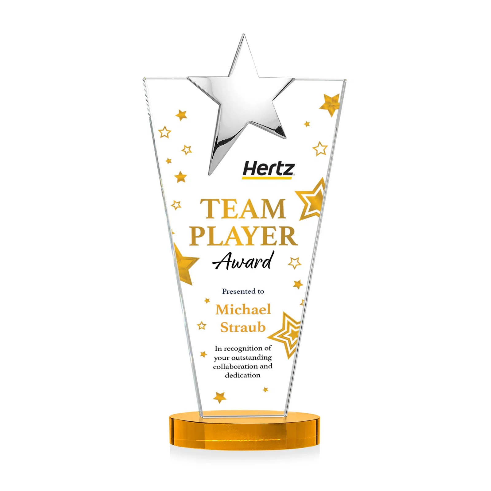 Customized Starfire Crystal Award with Chrome or Gold Star on Oval Base for dealer and partner awards