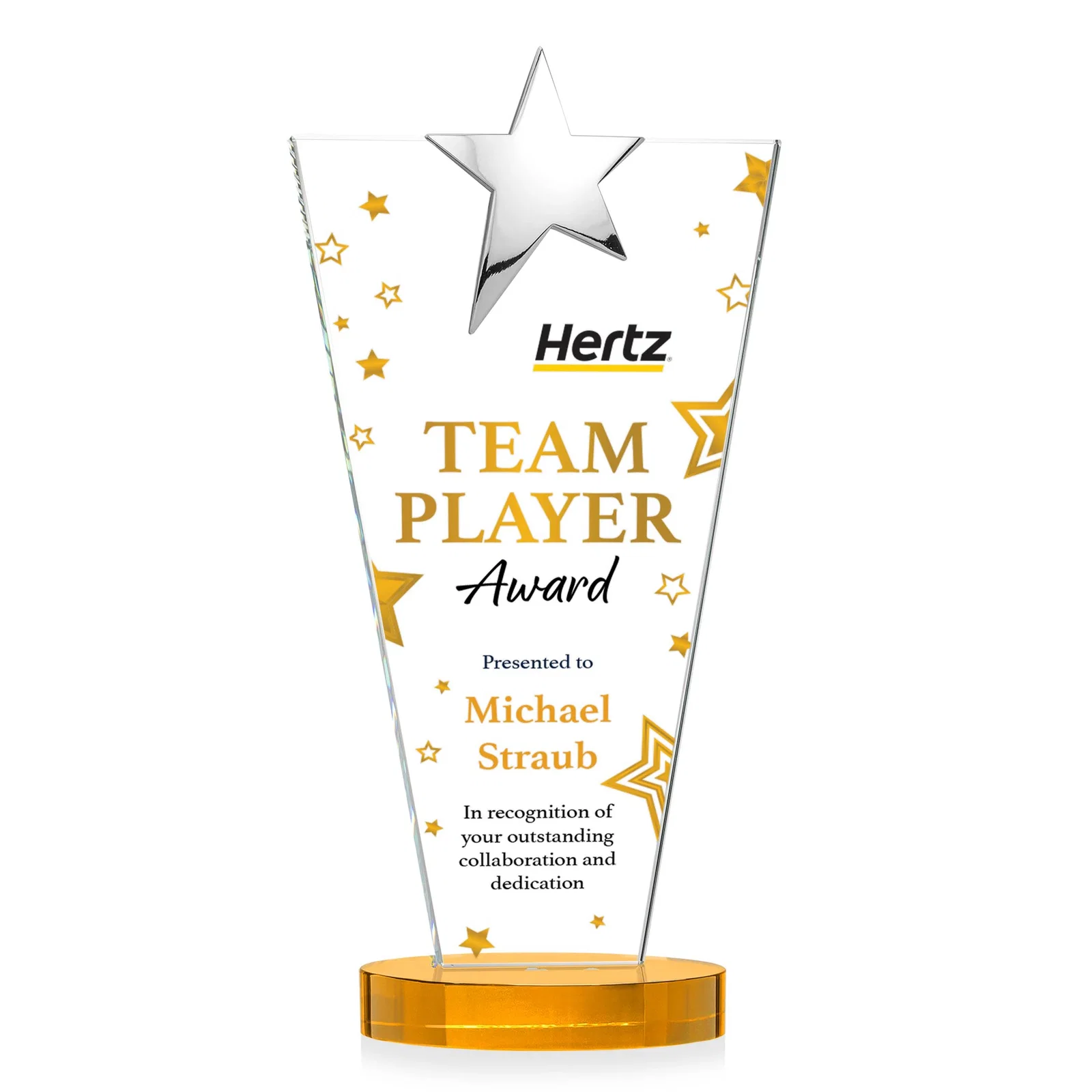 Customized Starfire Crystal Award with Chrome or Gold Star on Oval Base for company anniversary events